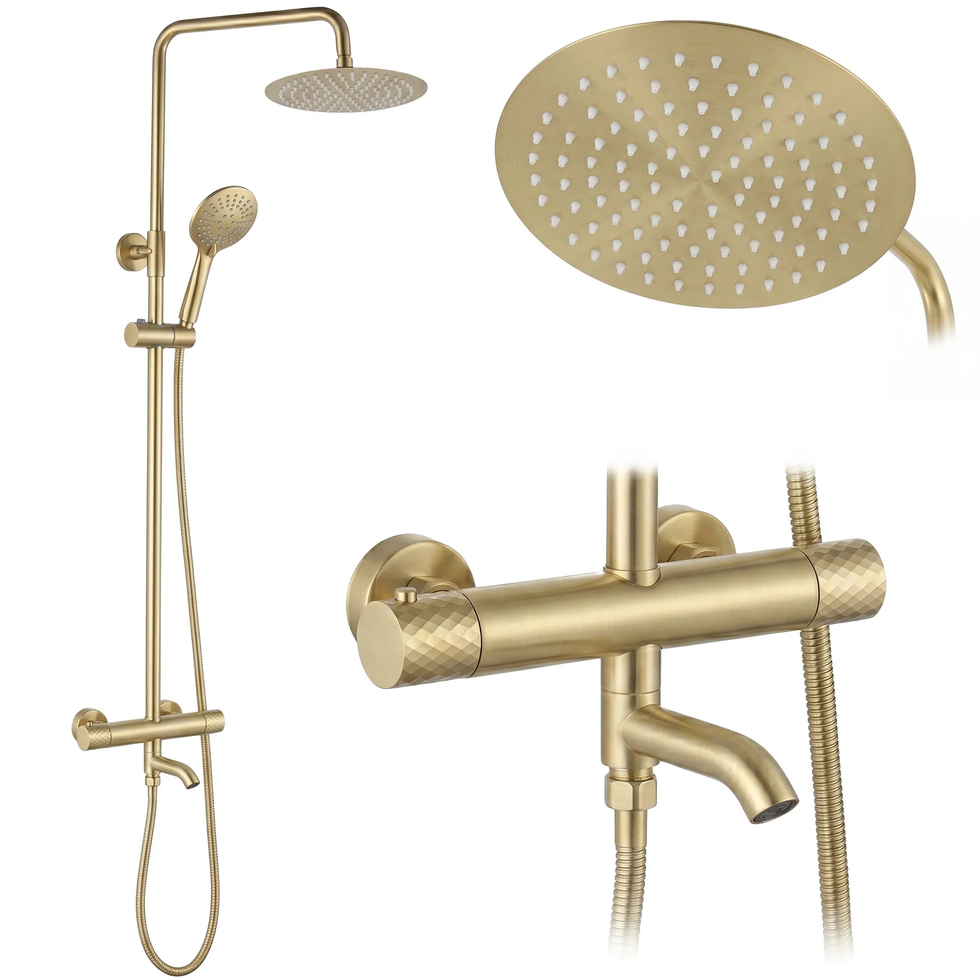 REA Suihkusetti Lungo Diamond + Thermostat Harjattu kulta, 15X15X117CM