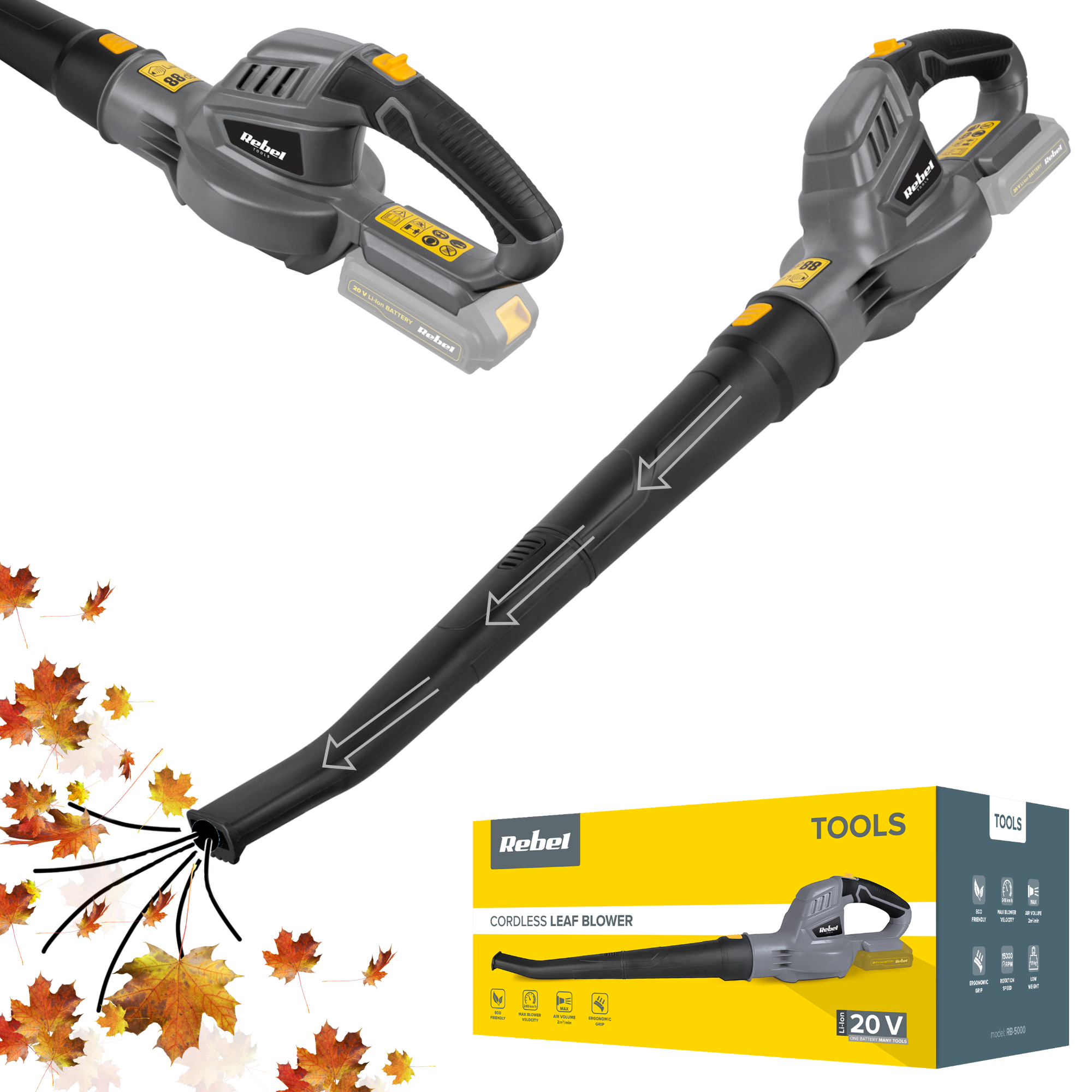 Rebel 20 V akkukäyttöinen lehtipuhallin 245 km/h 2 Ah tehokas moottori