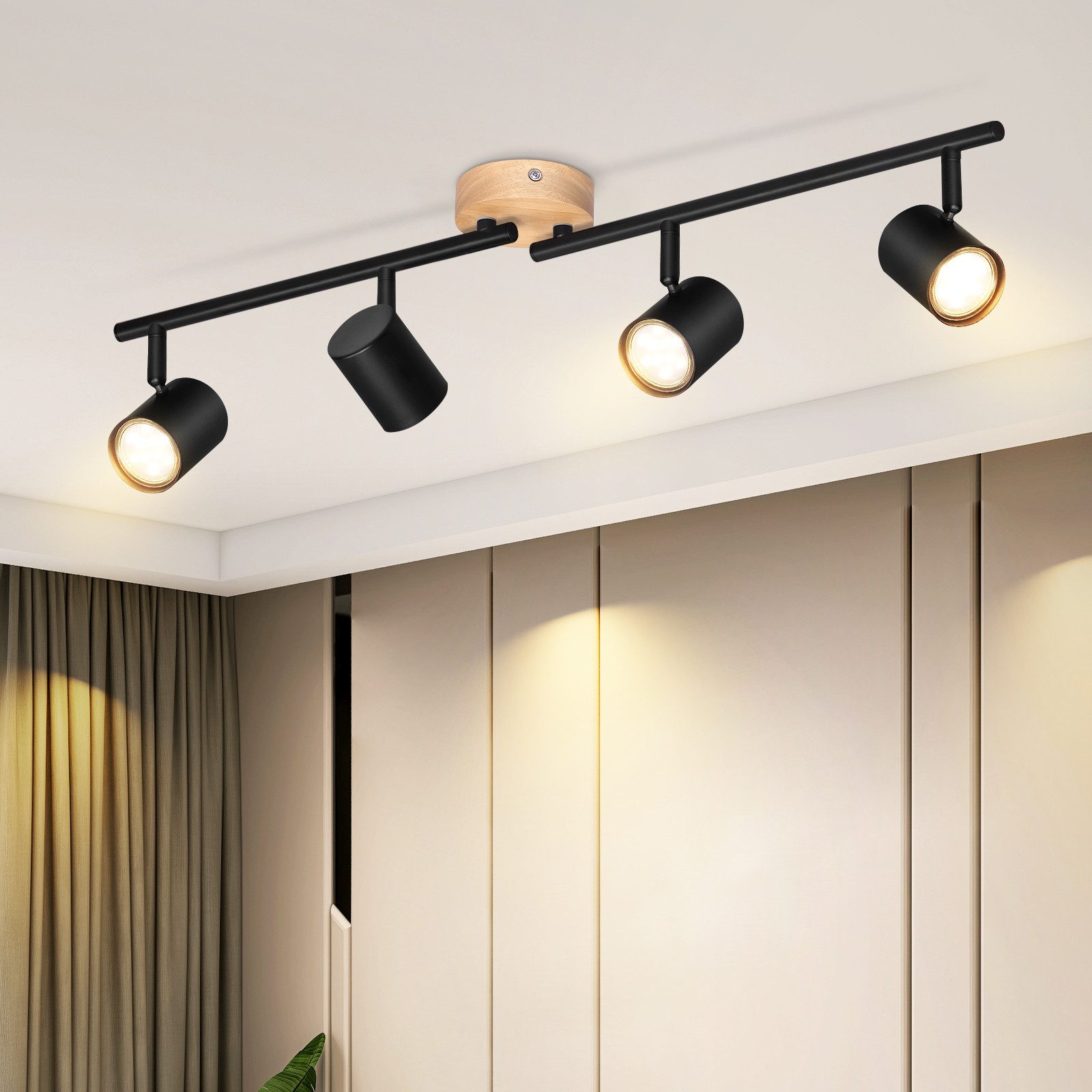 NETTLIFE LED - kattovalaisin 4 liekkiä - musta kattovalaisin GU10 kääntyvä kohdevalo puinen ilman lamppua