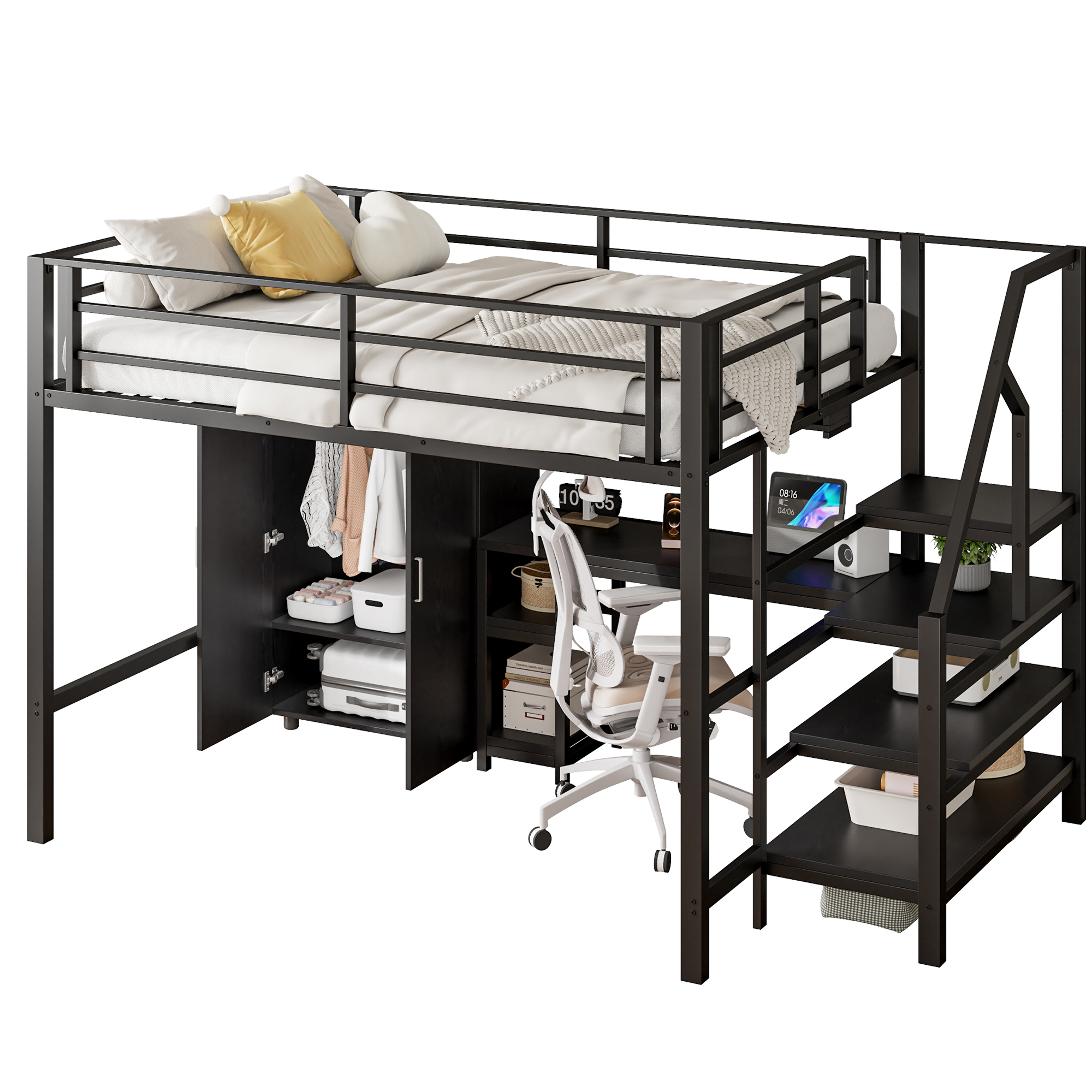 Hochbett 140x200 cm turva-aidat säilytystila schreibtisch kleiderschrank musta metalli