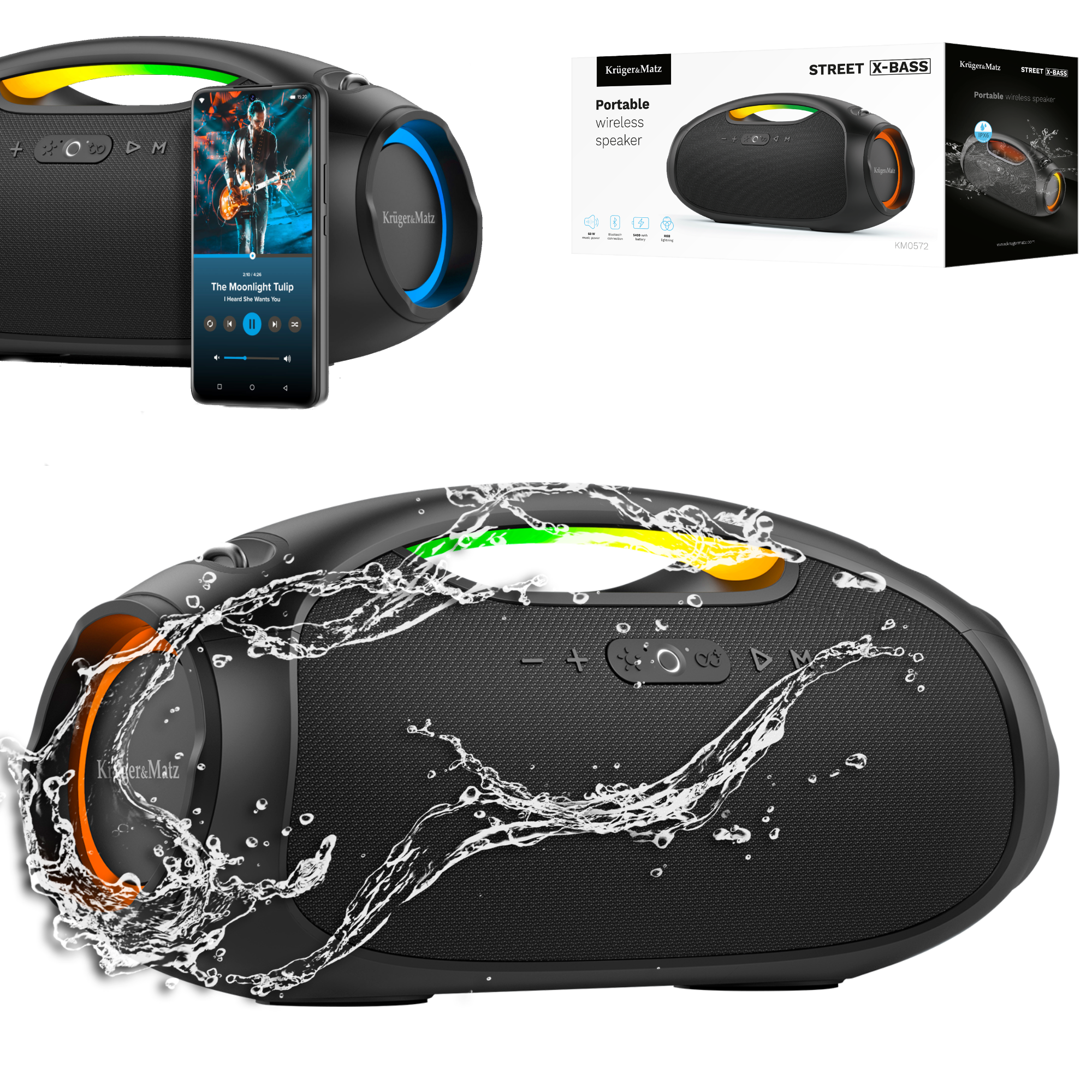 Kannettava vedenpitävä Bluetooth-kaiutin 60 W AUX Kruger&Matz Street X-BASS