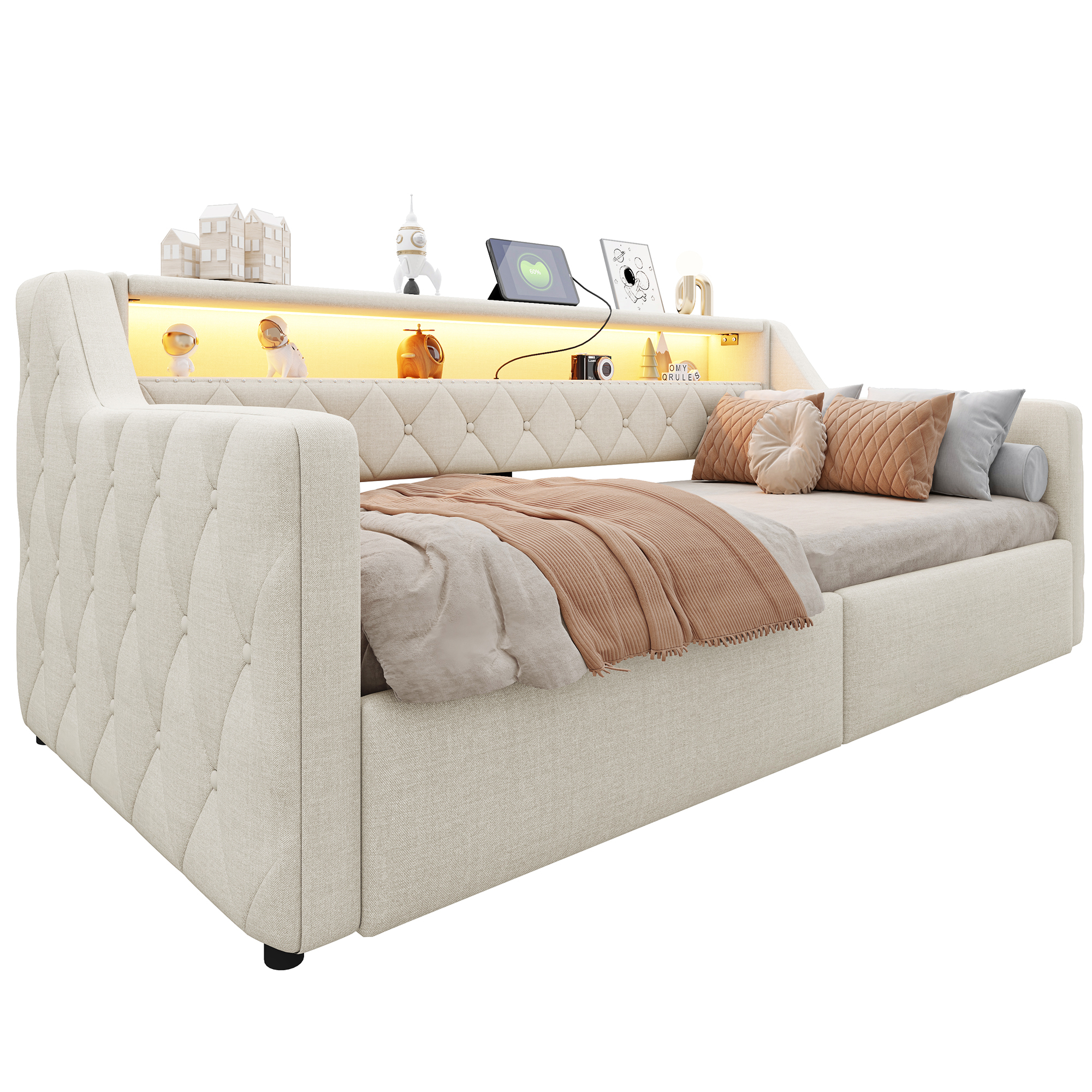 sänky 90x200 cm LED-valaistus hydraulinen säilytystila beige kangas MDF