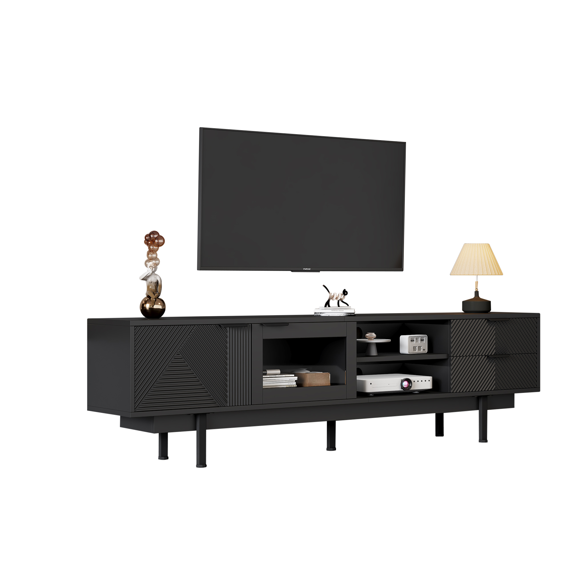 TV-taso 200x40x50,5 cm musta lastulevy säilytyksellä ja liukuovilla