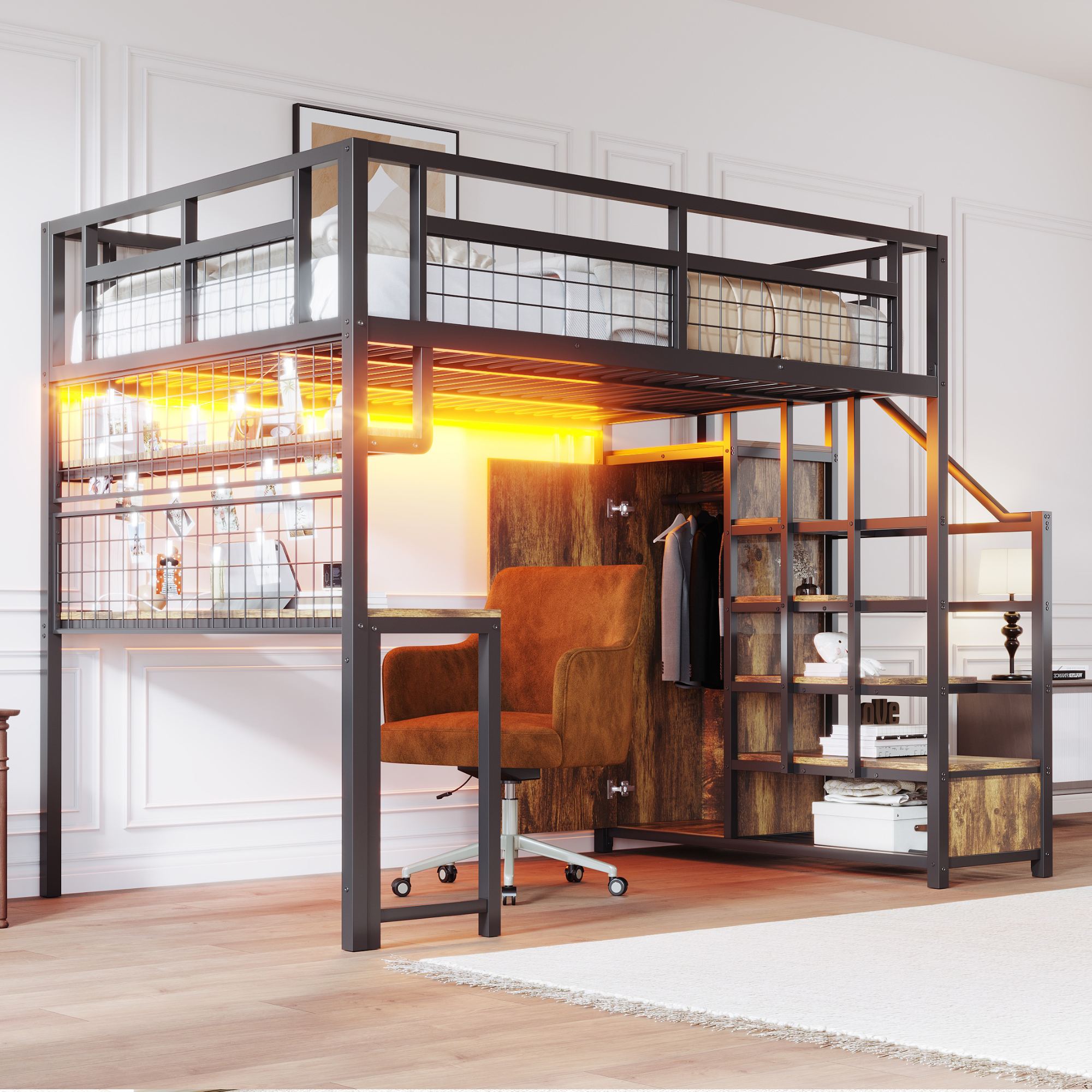 Metallinen kerrossänky 140x200, tikkailla säilytystilaa ja yksinkertaisella vaatekaapilla, hylly, pöytä, verkkohylly, LED-nauha, pistorasia, musta