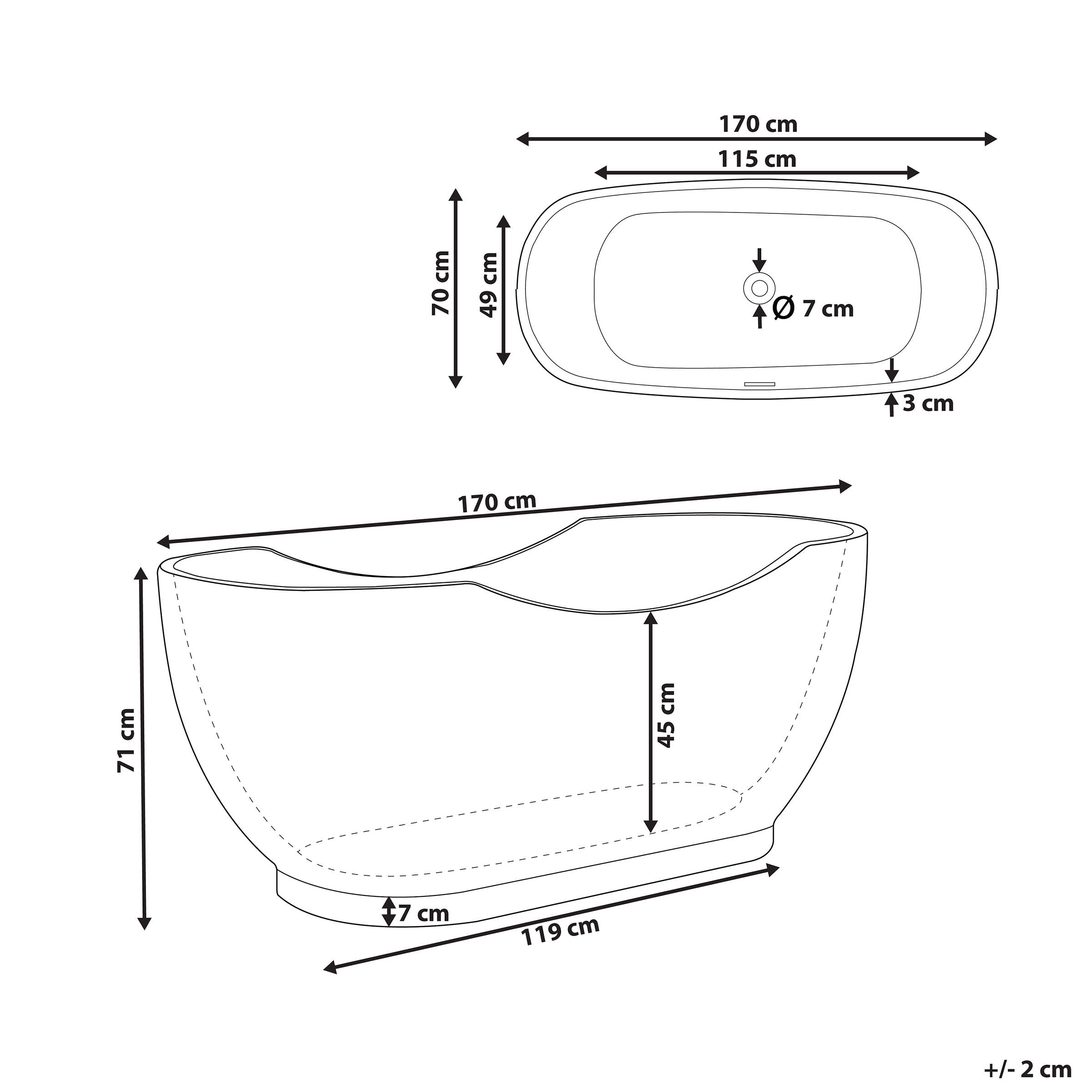 Vapaasti seisova kylpyamme BAYLEY 170 x 77 cm Valkoinen