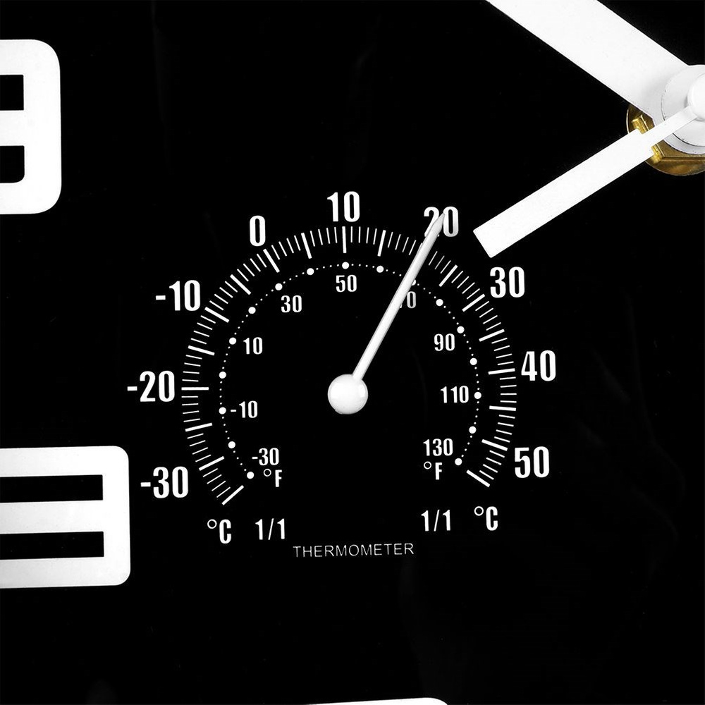 Musta seinäkello lämpömittarilla ja kosteusmittarilla, 25 cm