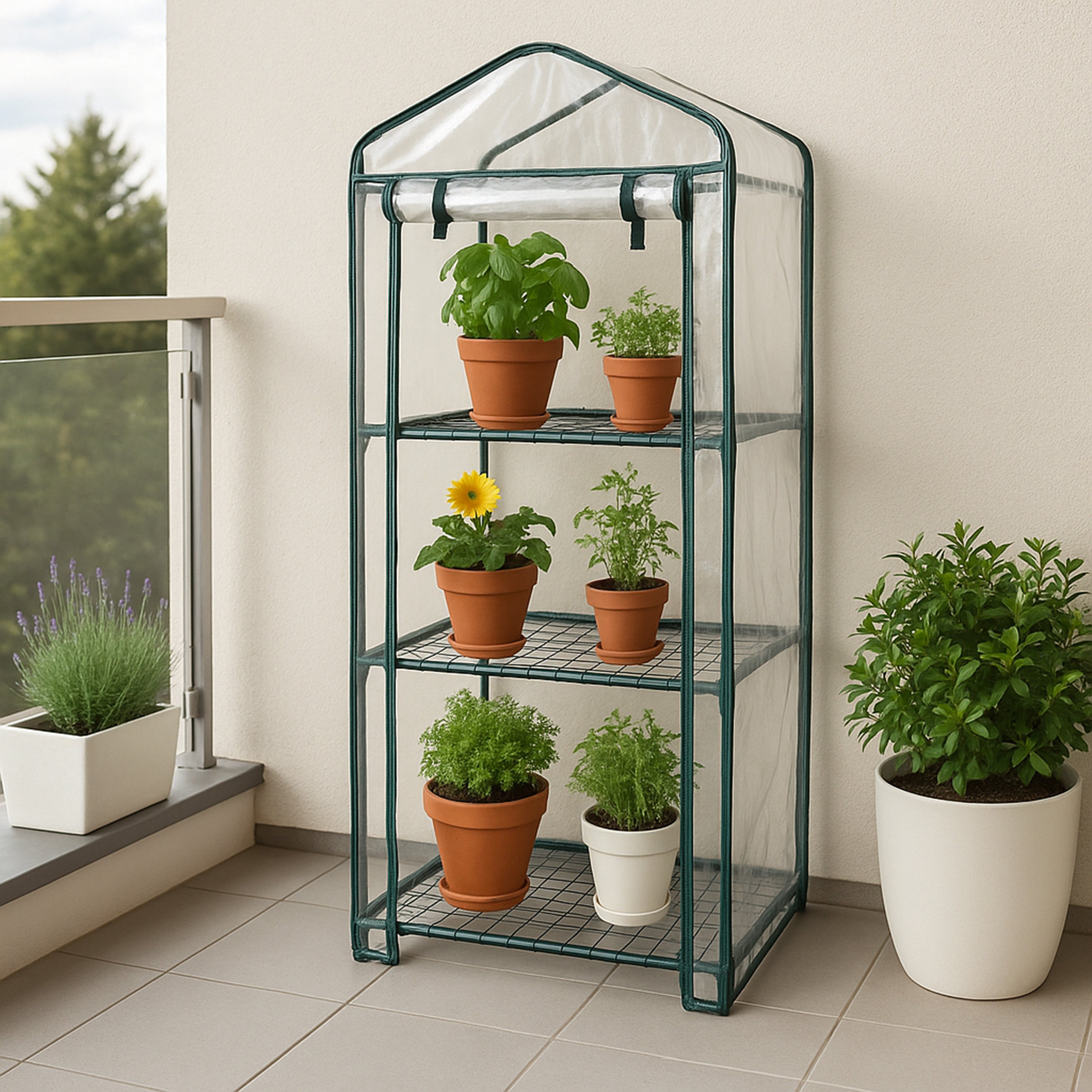 Minikasvihuone 4-tasoinen muovisuojuksella