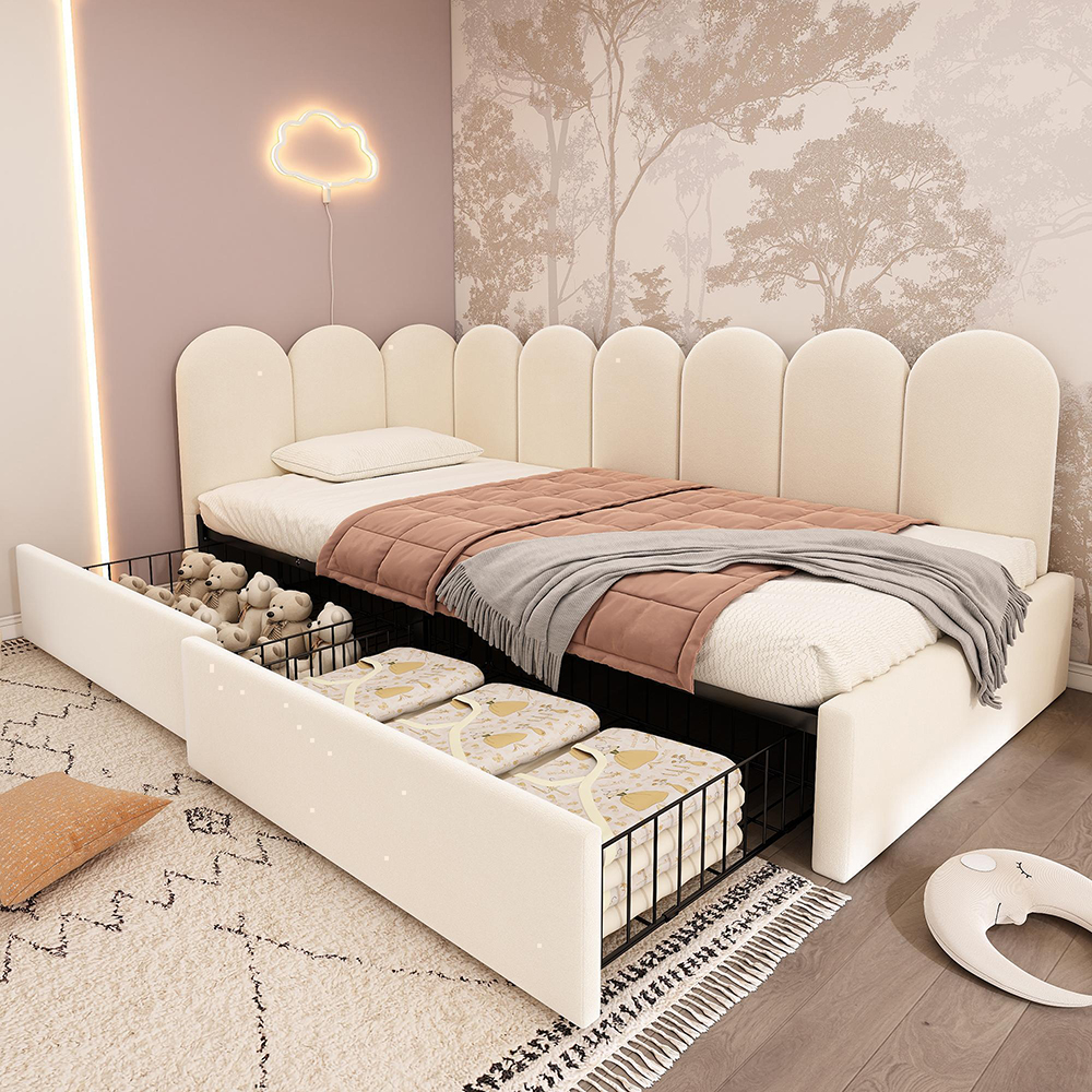 Beige verhoiltu sänky 90x200 cm (ilman patjaa)