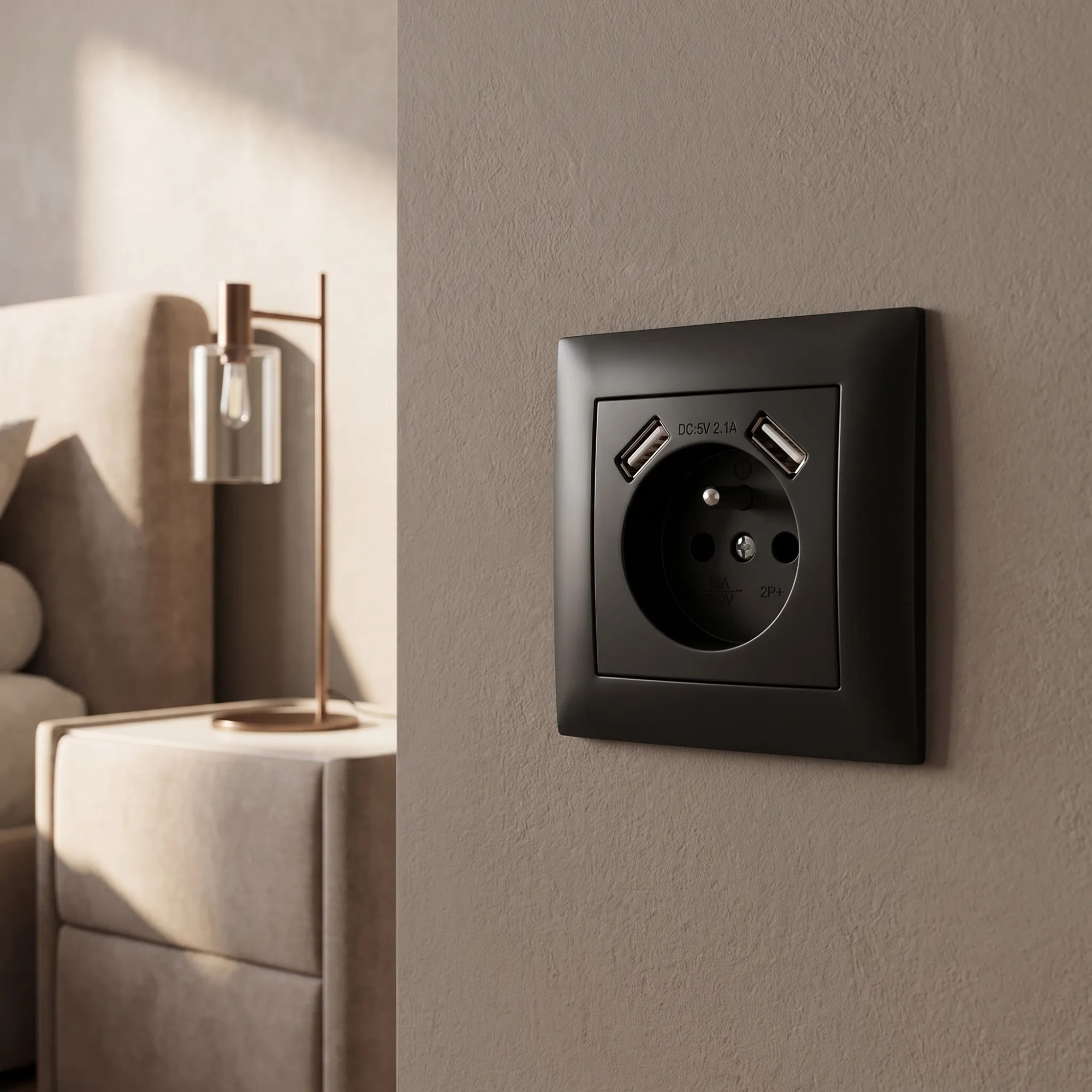 Toolight Yksiosainen maadoitettu pistorasia JNH003-G + kehys + 2x USB-A Musta 4, 8x7, 4x7, 4cm