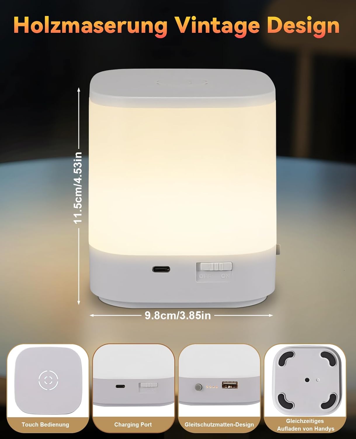 ZMH Touch LED -pöytävalaisin, himmennettävä yövalo, ladattava USB-liitännällä, 3 värilämpötilaa (1800 mAh)