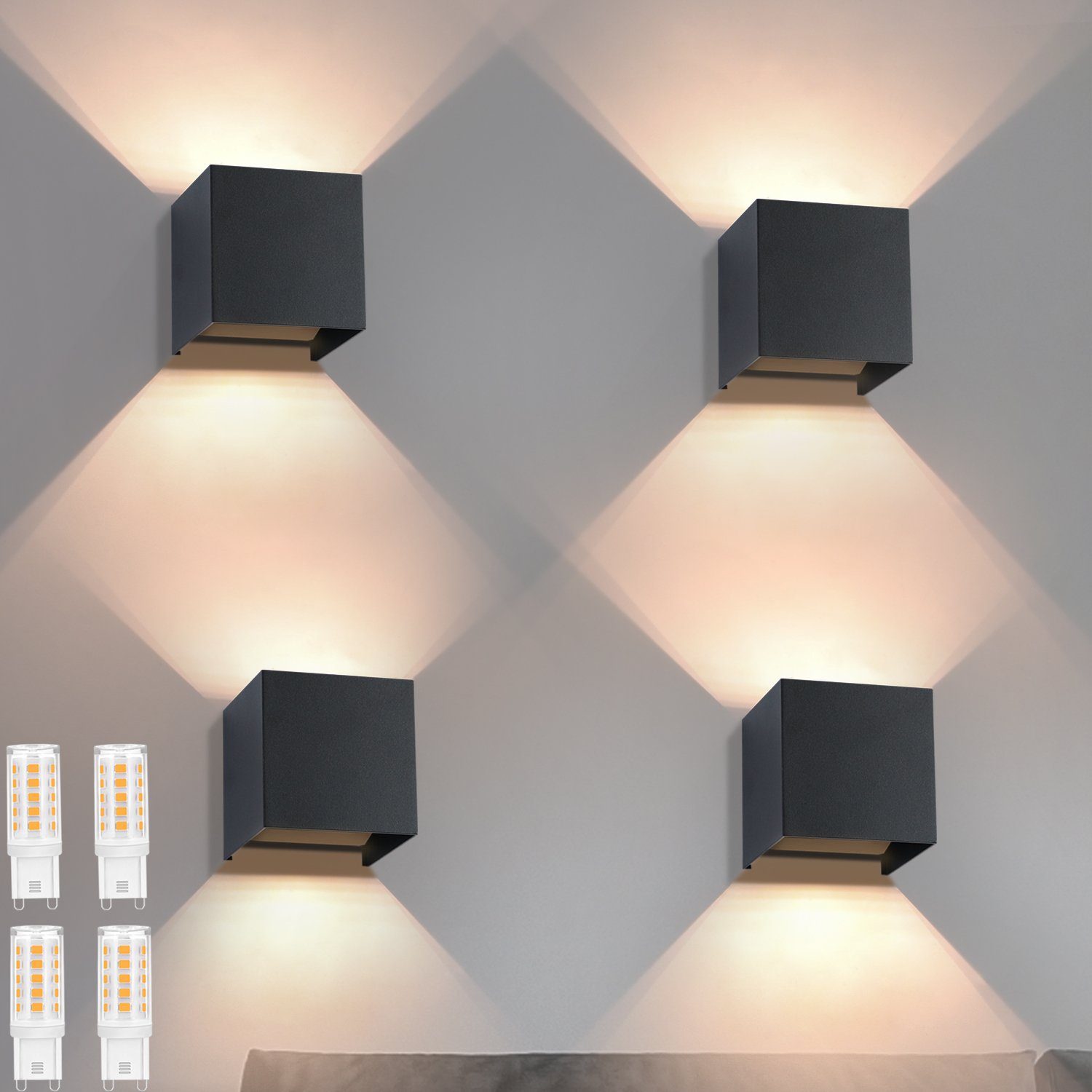 ZMH LED-seinävalaisimet, 4 kpl:n pakkaus, musta, ulko-/sisäkäyttöön - 3000K lämmin valkoinen, G9, säädettävä kulma, ylös/alas, IP54