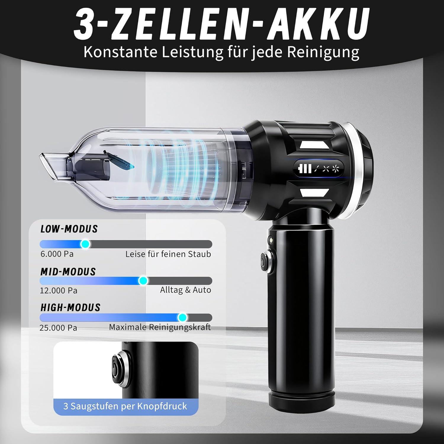 ZMH Musta johdoton sauvaimuri 17kpa Mini 4-in-1 -autoimuriin sopiva
