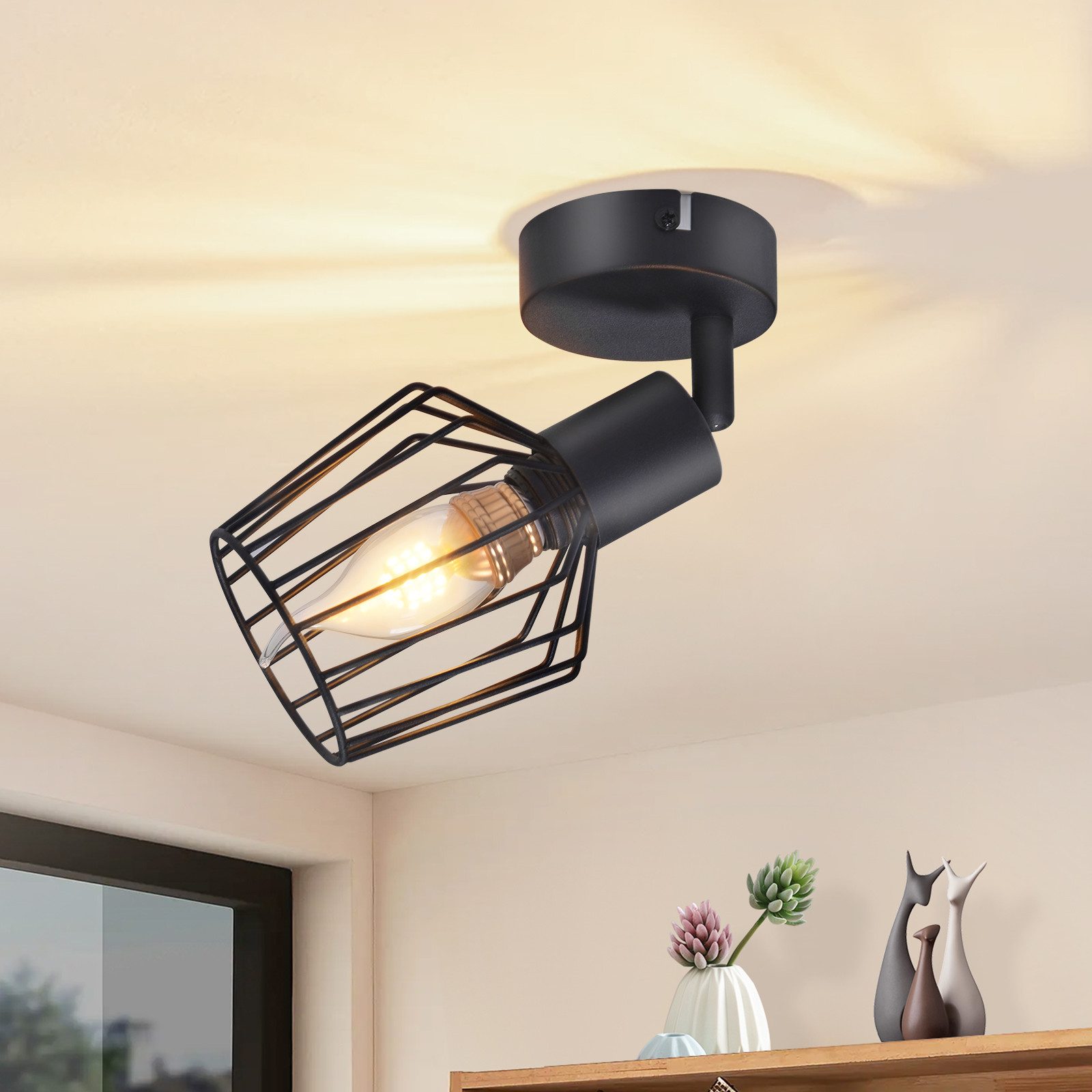 NETTLIFE E14 kattokohdevalaisin - metalli, 350° kääntyvä teollinen eteisvalaisin, seinävalaisin eteiseen ja olohuoneeseen, musta
