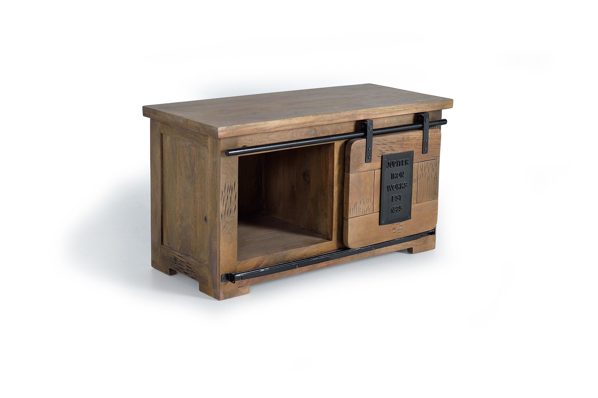 TV-taso akaasiapuusta luonnonmetallisilla yksityiskohdilla