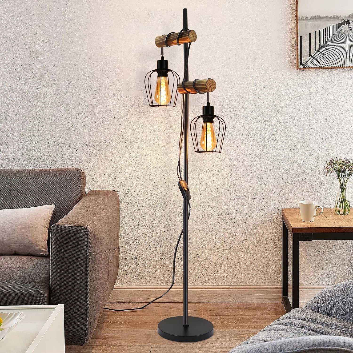 NETTLIFE Vintage - lattiavalaisin olohuoneeseen, puinen, 2 liekkiä, teollinen muotoilu, metalli, musta kytkin, E27 - korkeus: 151 cm - ilman lamppua