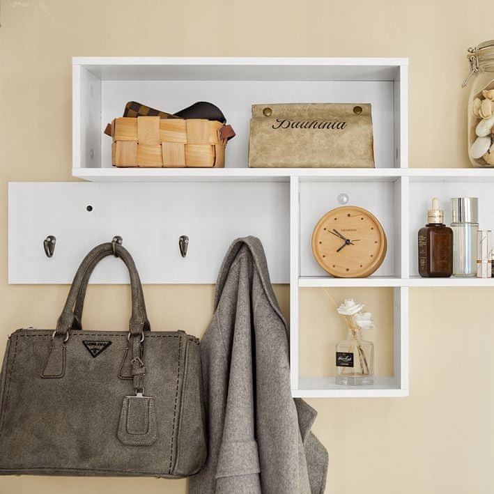 SoBuy Seinähylly 4 koukku puukuitulevystä valkoinen laadukkaat ripustustarvikkeet FHK17-W