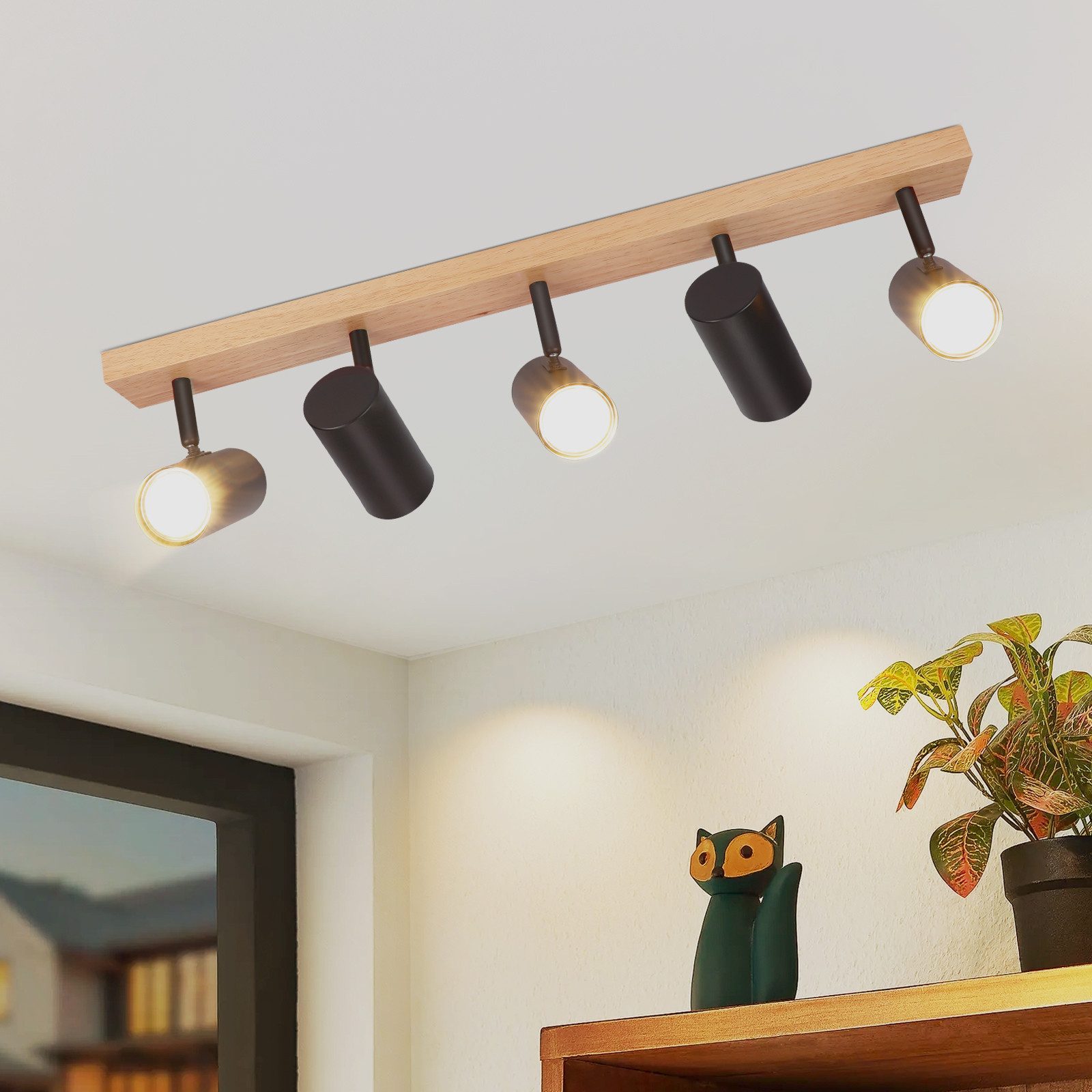 NETTLIFE 5-liekkinen kattokohdevalaisin, musta, puu, vintage, GU10, säädettävä 350°