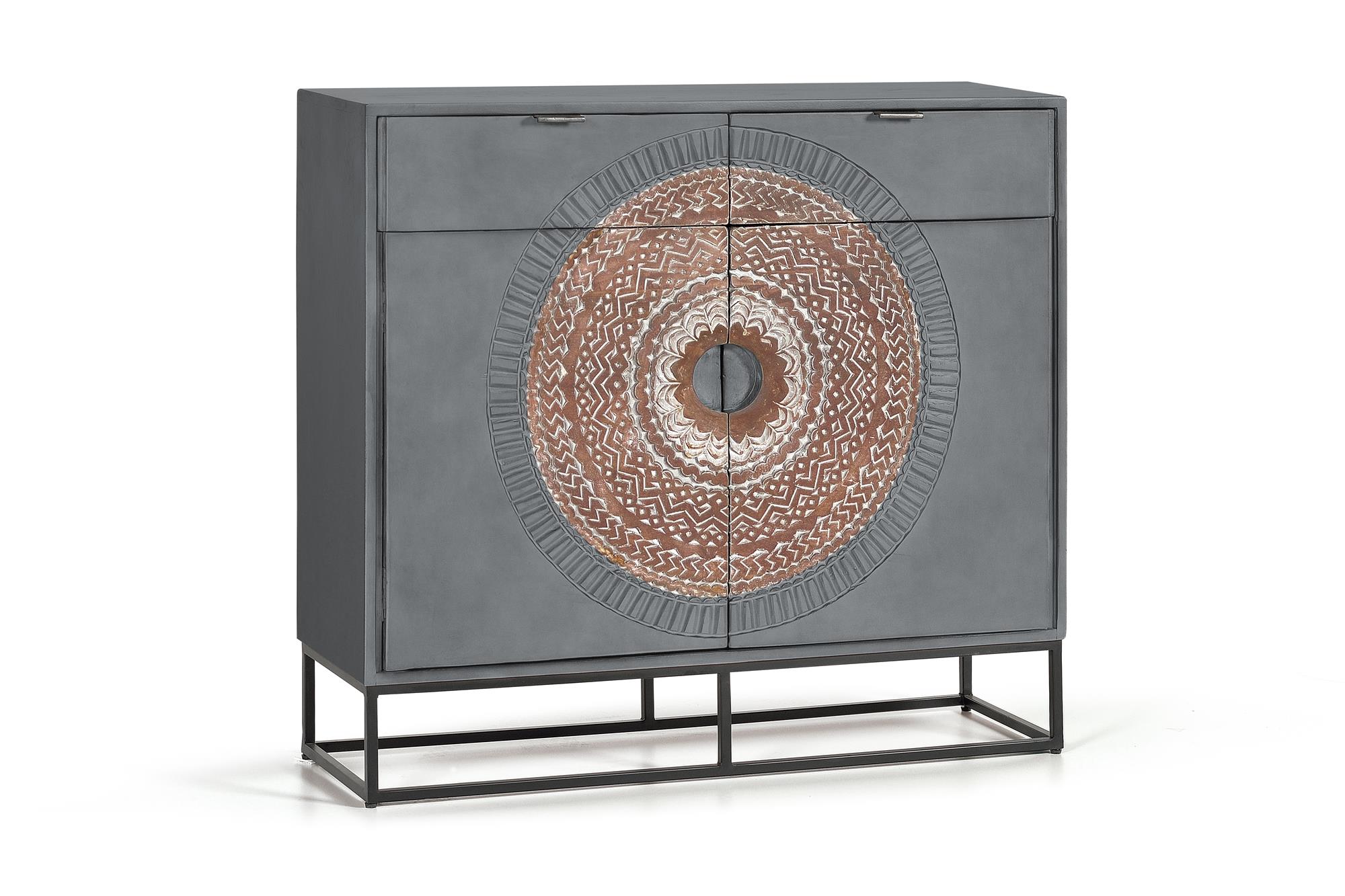 Mangopuusta valmistettu lipasto, jossa on harmaat ja ruskeat metallijalat