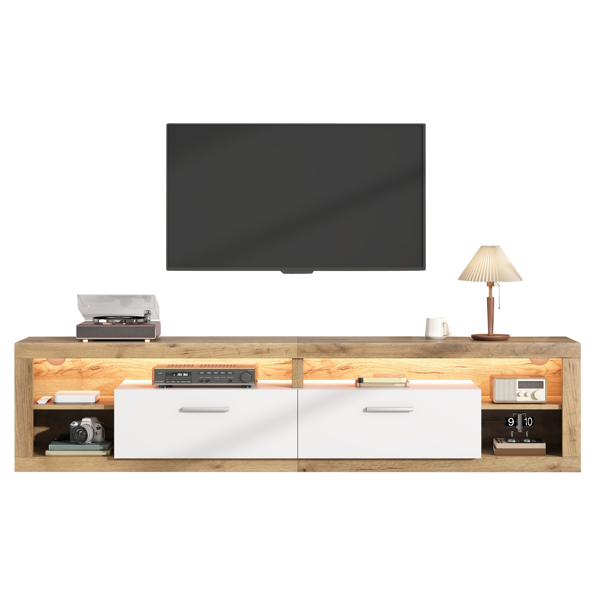 TV-taso 180x35,5x50 cm luonnonpuun väri ja valkoinen lastulevy säilytyksellä ja LED-valaistuksella