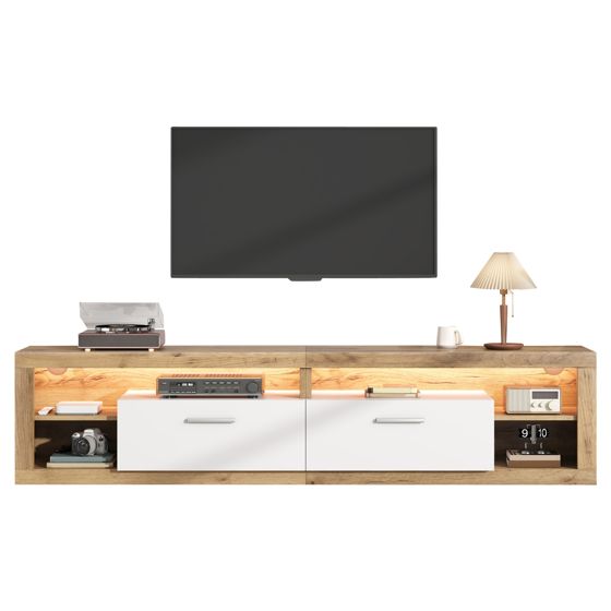 TV-taso 180x35,5x50 cm luonnonpuun väri ja valkoinen lastulevy säilytyksellä ja LED-valaistuksella