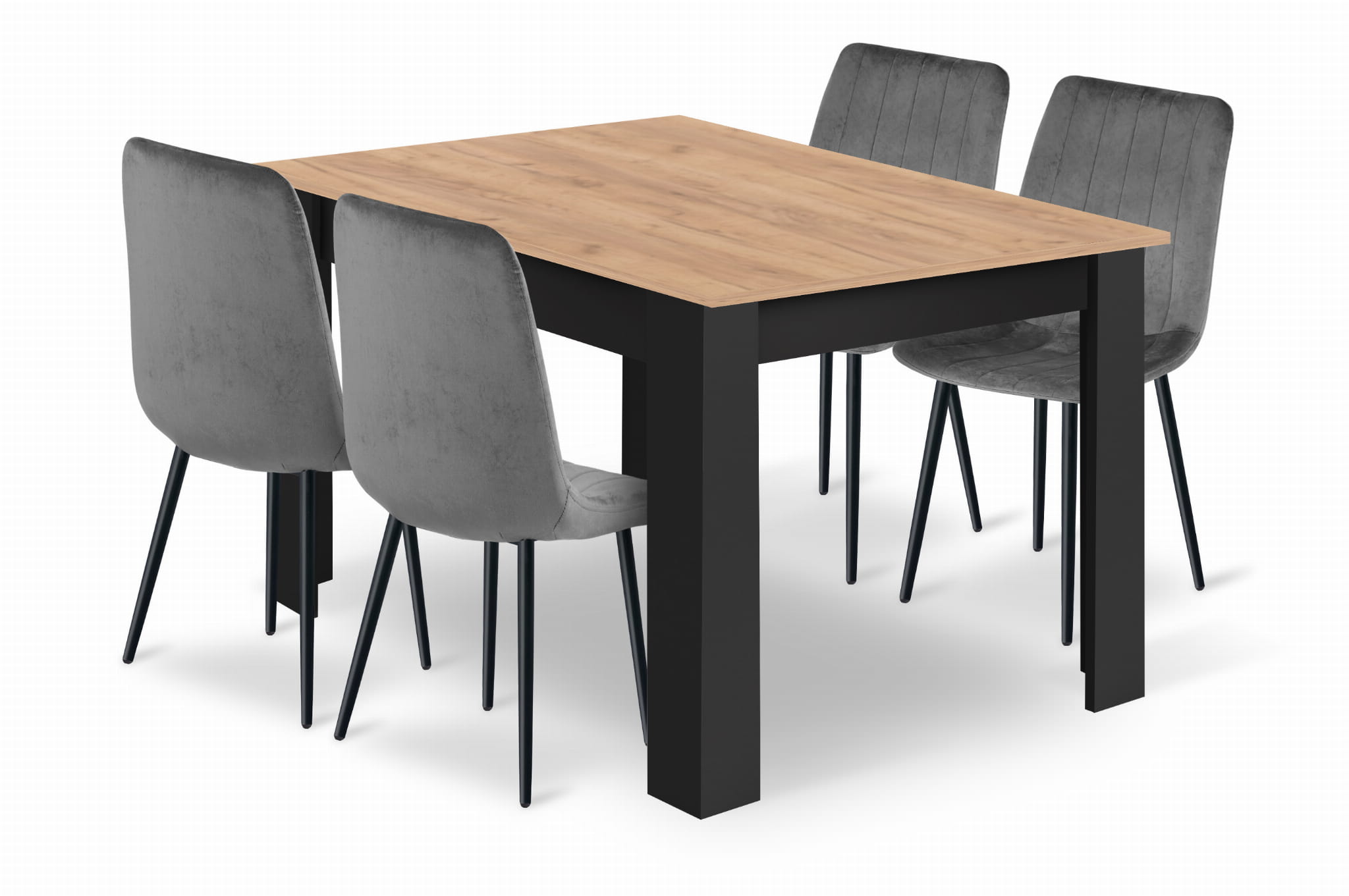 NP craft-tammi pöytä 120x80 musta, 4 LAVA-tuolia harmaa setti