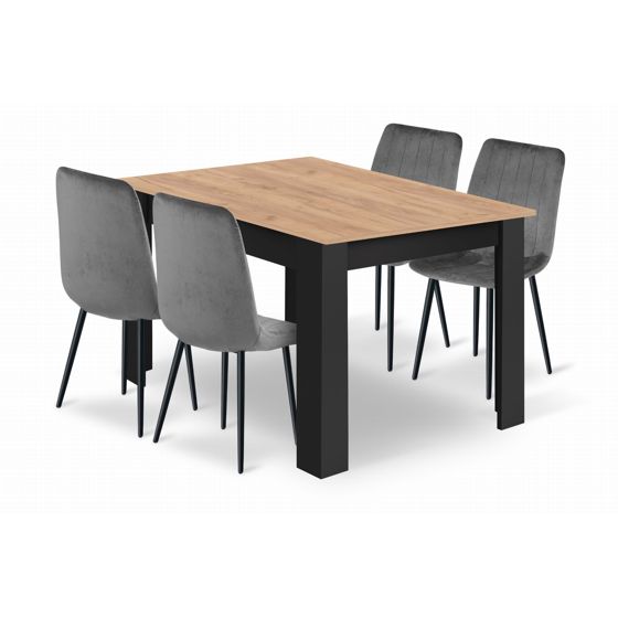 NP craft-tammi pöytä 120x80 musta, 4 LAVA-tuolia harmaa setti