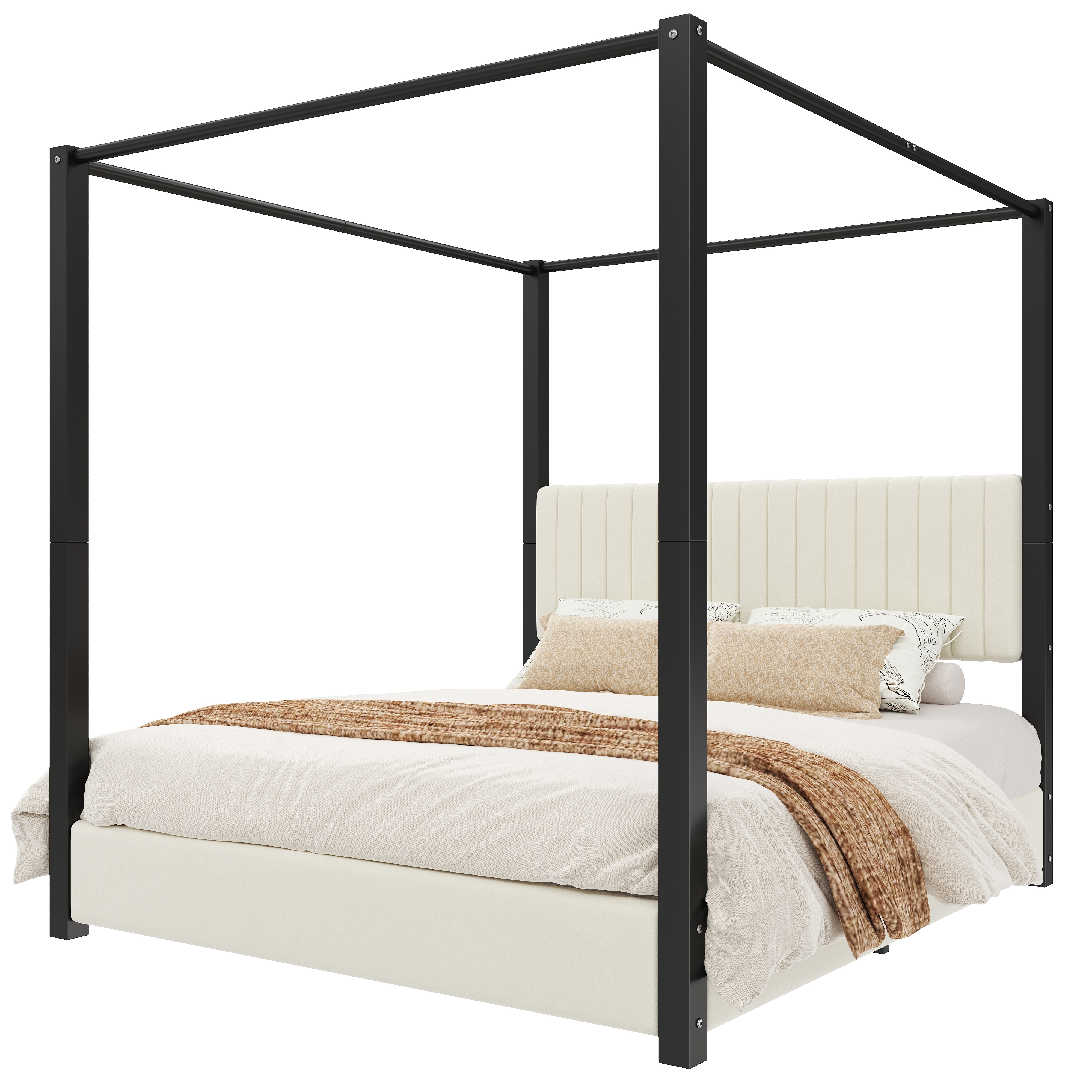 sänky 180x200 cm himmelbett suojakaiteet säleikkö valkoinen ja musta mdf metalli sametti
