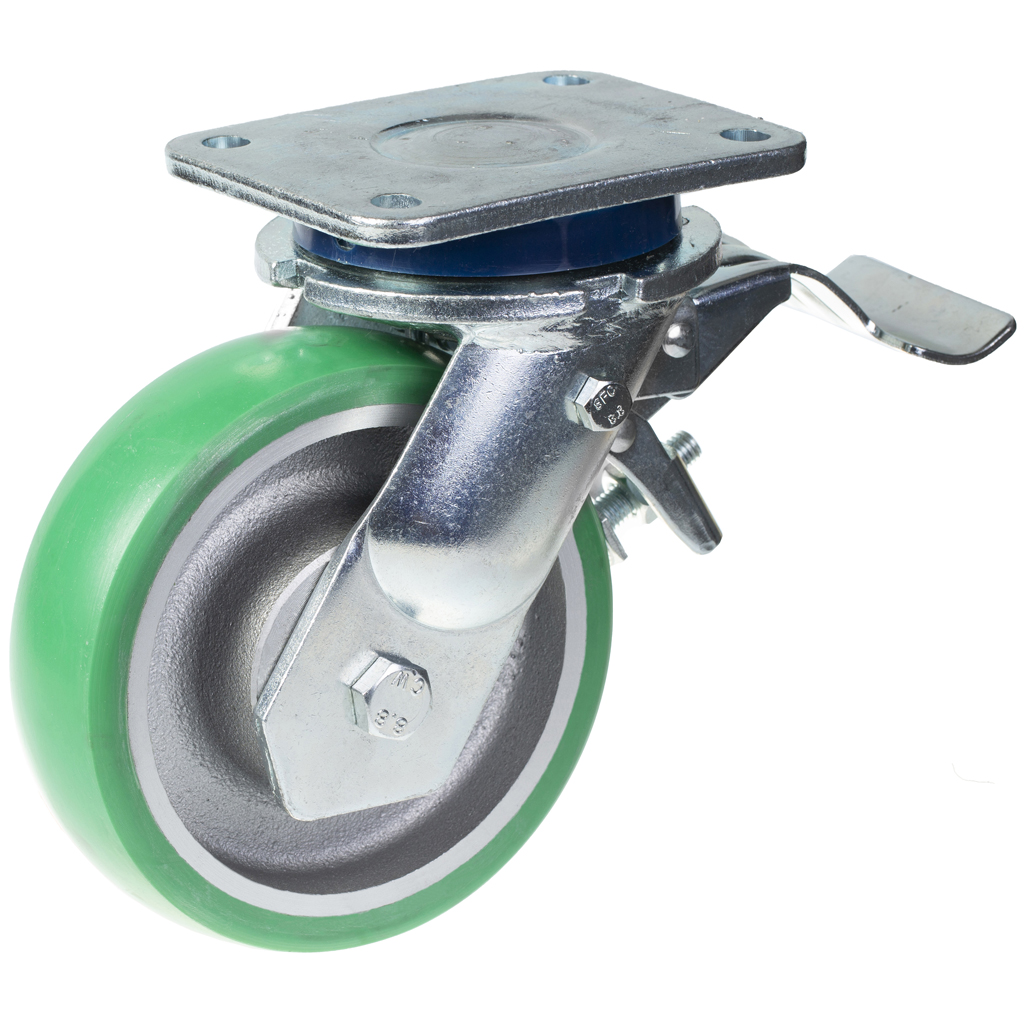 160mm kääntyvä/jarrullinen pyörä, jossa on vihreä kupera elastinen polyuretaani valuraudalla ce