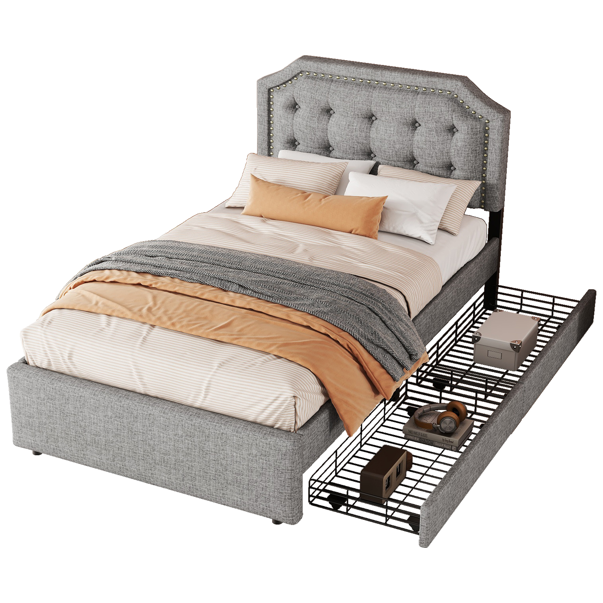 Verhoiltu sänky 90 x 200 cm, leveä parisänky, yhden hengen sänky koristeellisilla niiteillä, kaksi laatikkoa, harmaa