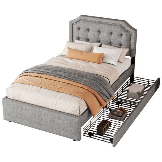 Verhoiltu sänky 90 x 200 cm, leveä parisänky, yhden hengen sänky koristeellisilla niiteillä, kaksi laatikkoa, harmaa