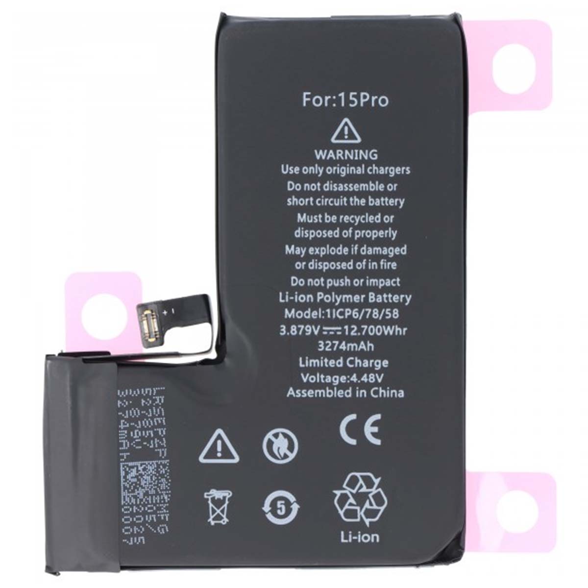 Akku iPhone 15 Pro:lle, Li-Polymer 3,87V 3274mAh 12,7Wh