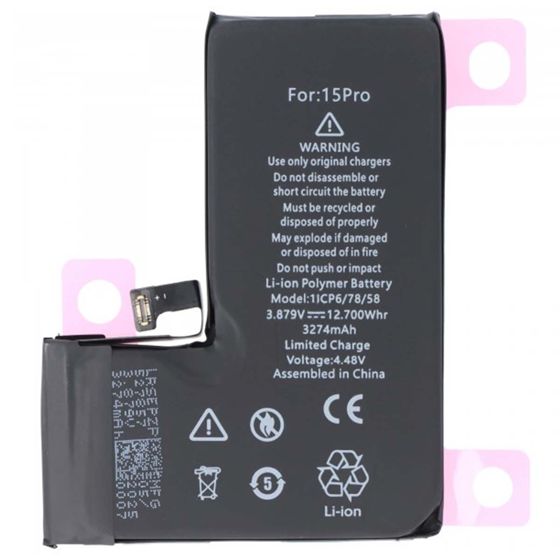 Akku iPhone 15 Pro:lle, Li-Polymer 3,87V 3274mAh 12,7Wh