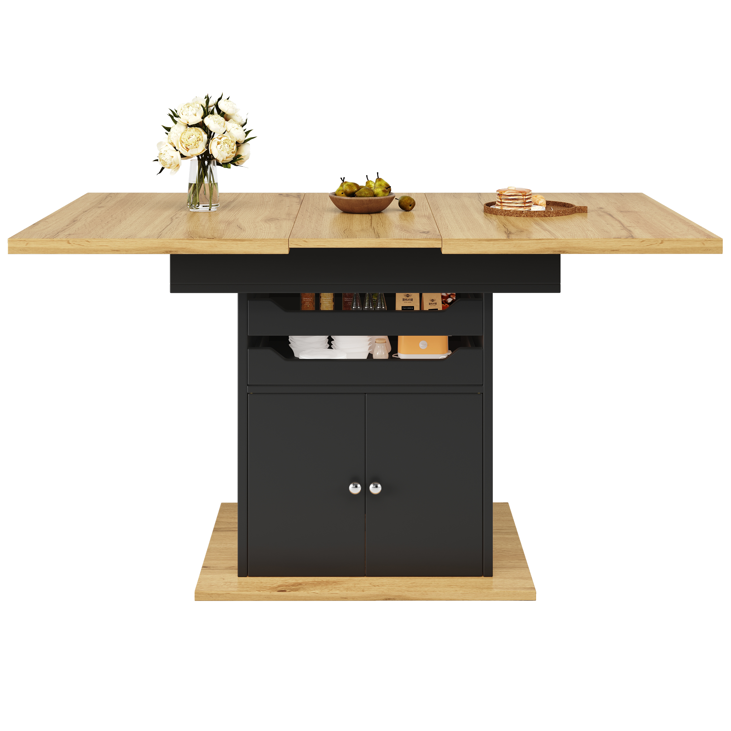 Jatkettava ruokapöytä, 110-140 cm, 2 laatikkoa, säilytyskaappi
