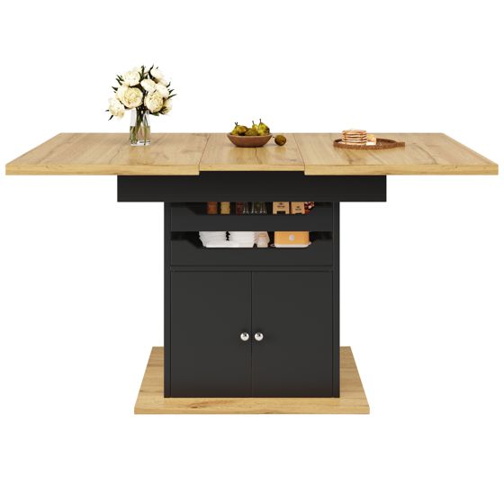 Jatkettava ruokapöytä, 110-140 cm, 2 laatikkoa, säilytyskaappi