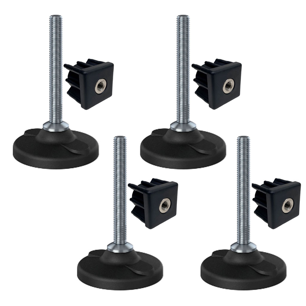 Ruostumaton teräsjalka M12x100, 80 mm:n muovialusta rei'illä + kiinnike 40x40x1, 5 mm – 4 kpl:n sarja