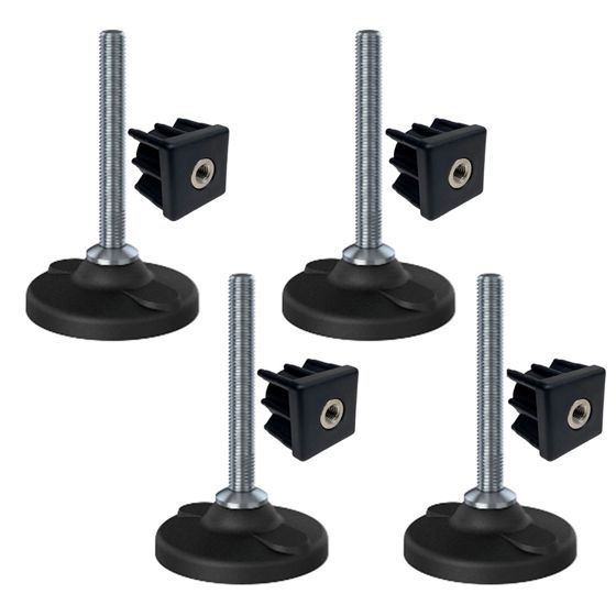 Ruostumaton teräsjalka M12x100, 80 mm:n muovialusta rei'illä + kiinnike 40x40x1, 5 mm – 4 kpl:n sarja