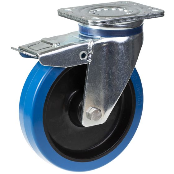 200 mm:n kääntyvä/jarrullinen pyörä, jossa on sininen elastinen kumi nailonpyörän keskipyörässä.