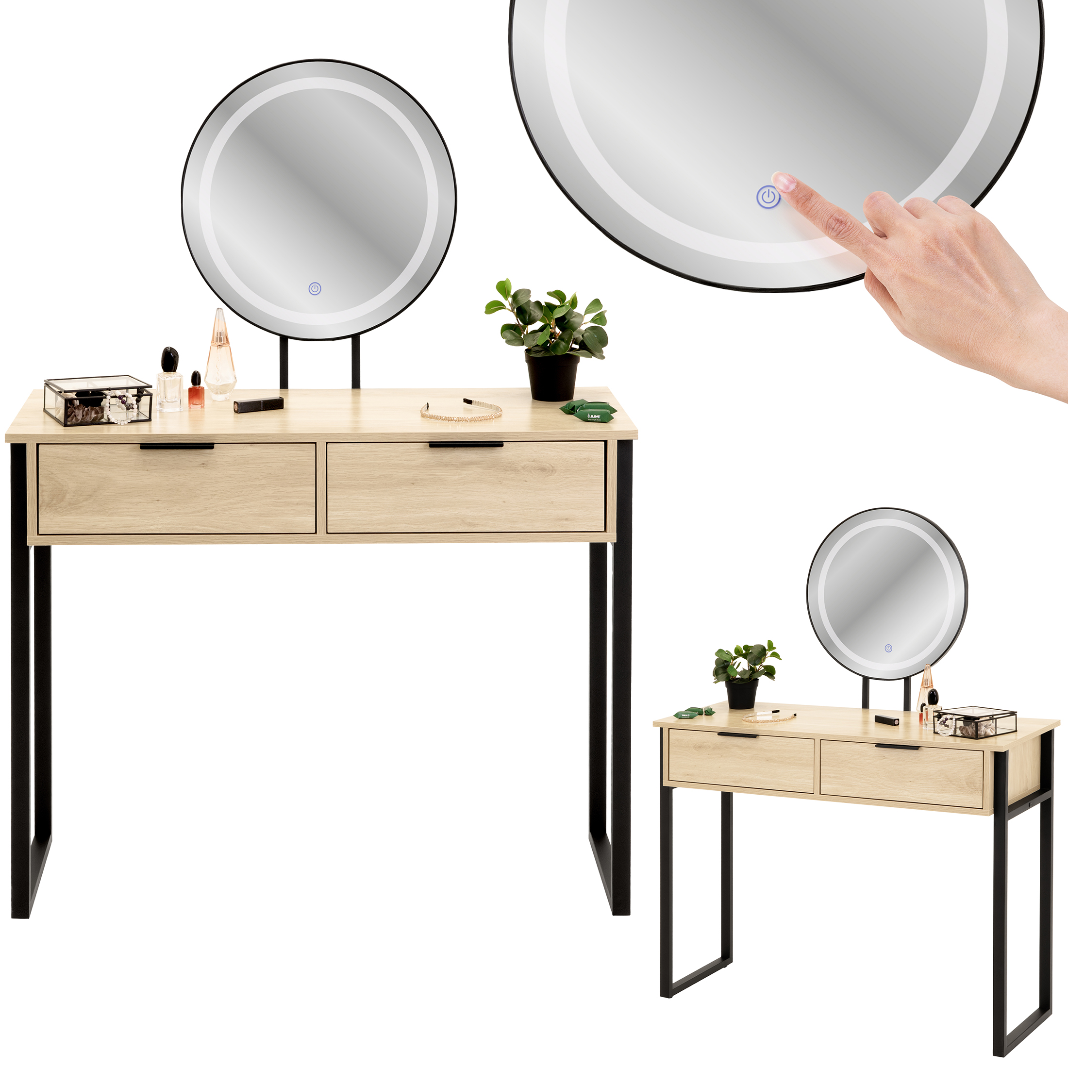 LOFT-Makuuhuoneen peilikaappi LED-meikkipeilillä ja laatikkovalaistuksella