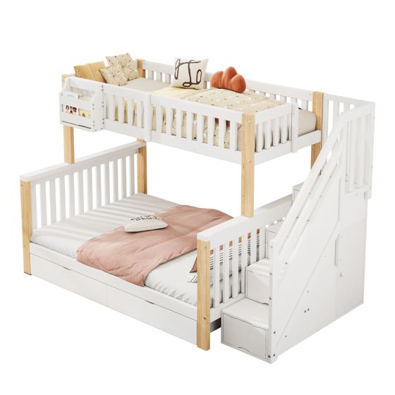 sänky 90x200 cm turva-aidat säilytystila laatikot treppasärkki valkoinen ja luonnonväriinen puinen