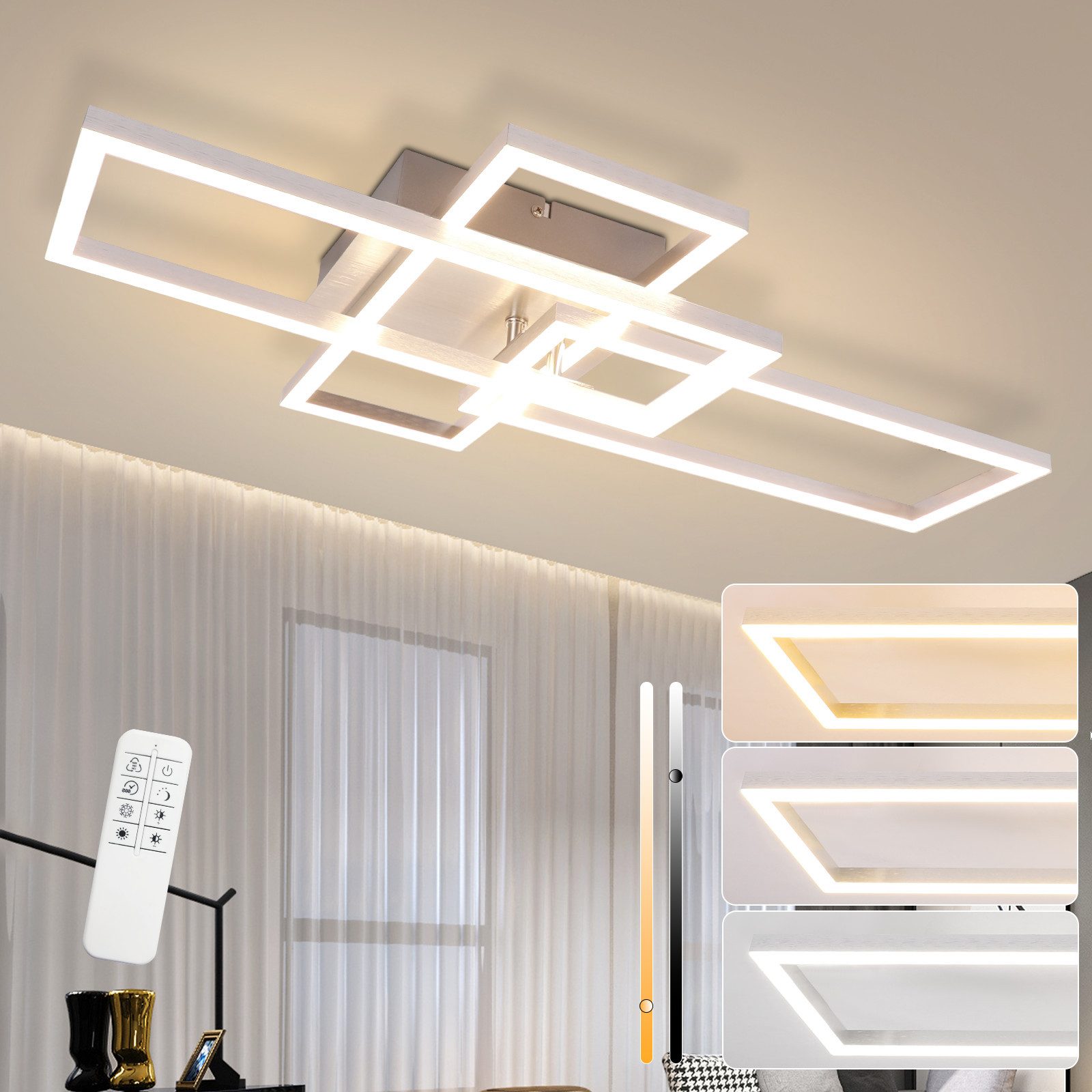 NETTLIFE LED - kattovalaisin makuuhuoneeseen, hopeanvärinen, himmennettävä, 64 cm, 36 W, geometrinen, olohuone, kaukosäädin