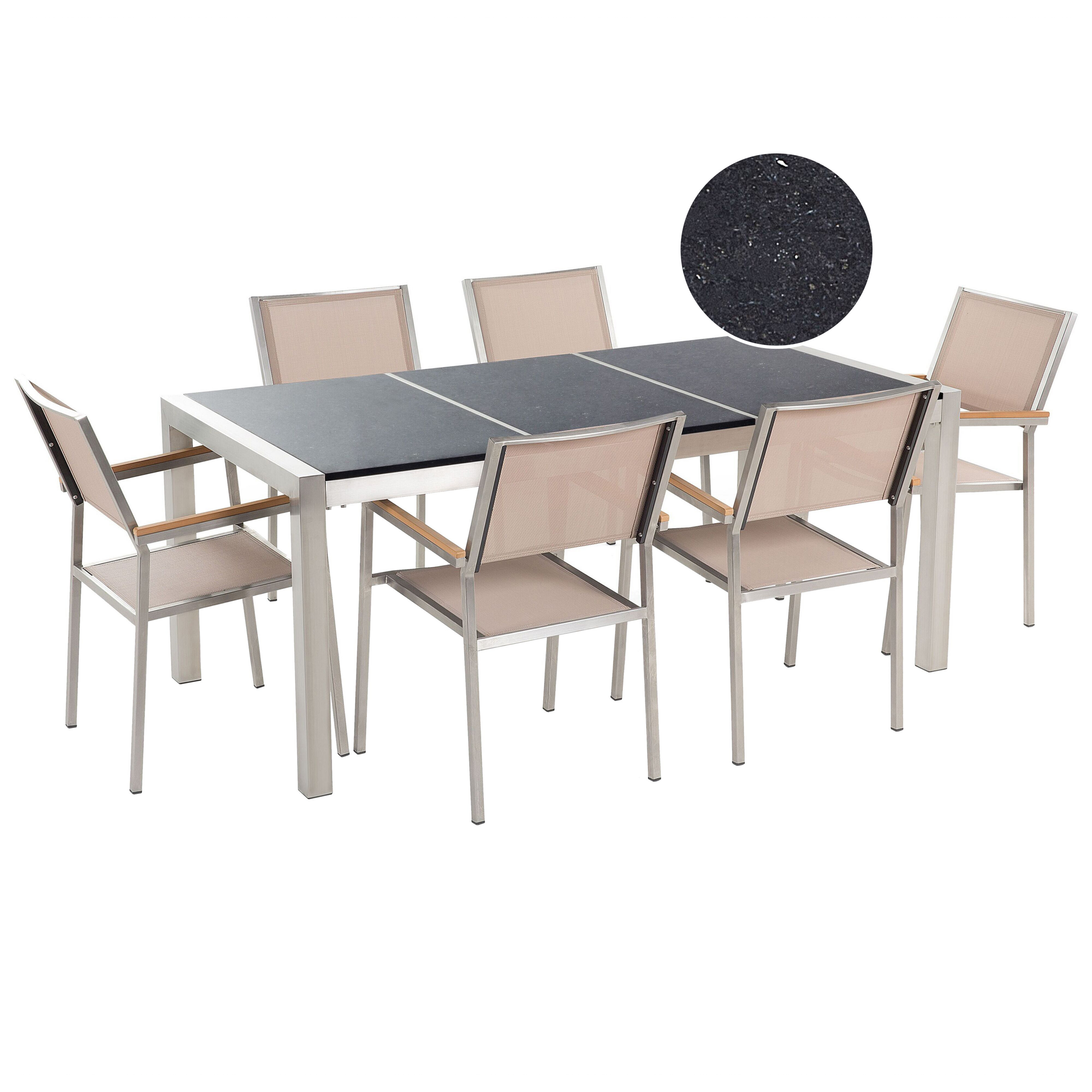 Ulkoruokailuryhmä 6-istuttava GROSSETO kolmiosainen taso Graniitti Kiillotettu Musta/beige