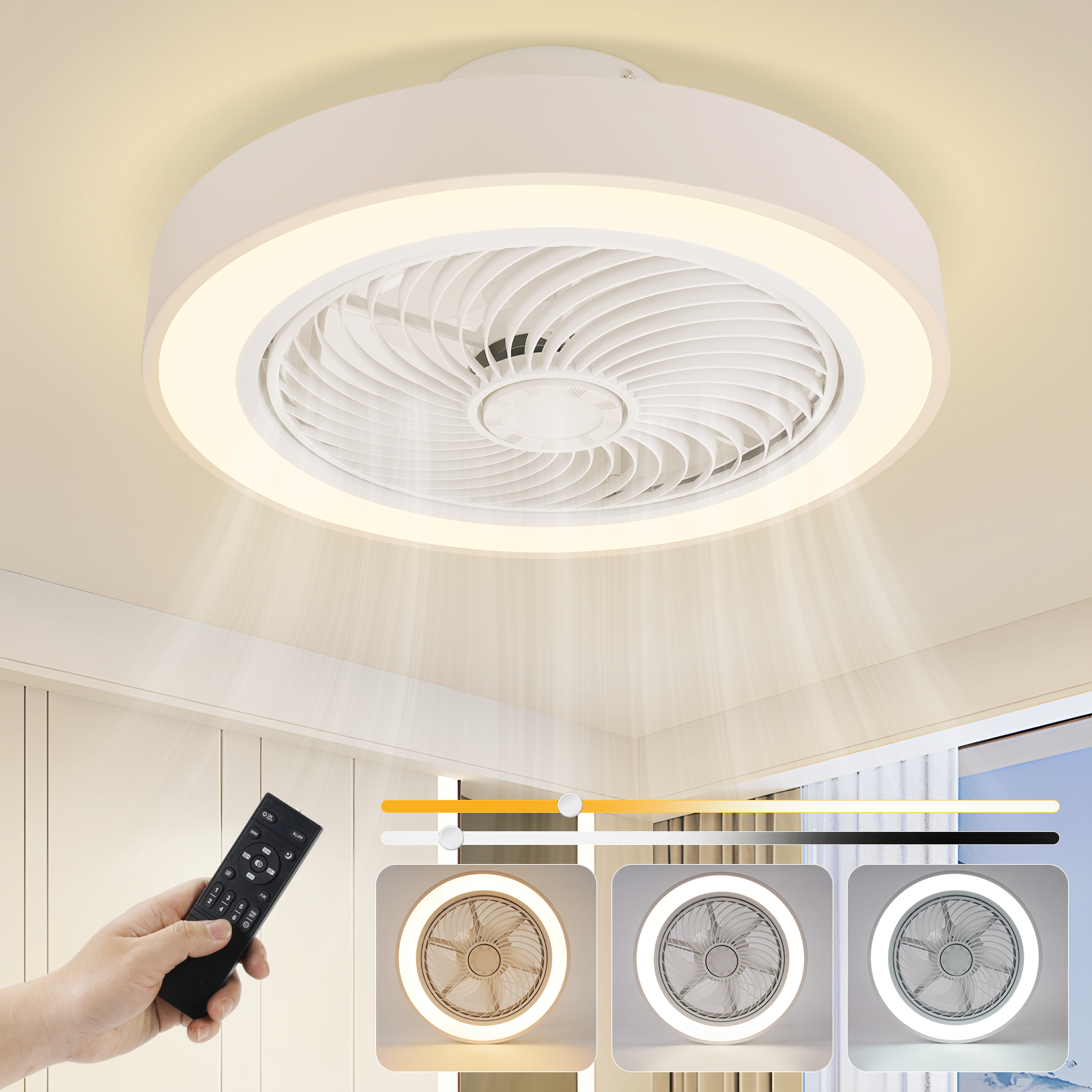 ZMH Valkoinen LED-kattotuuletin valolla - 40 W hiljainen tuuletin kaukosäätimellä ja himmentimellä