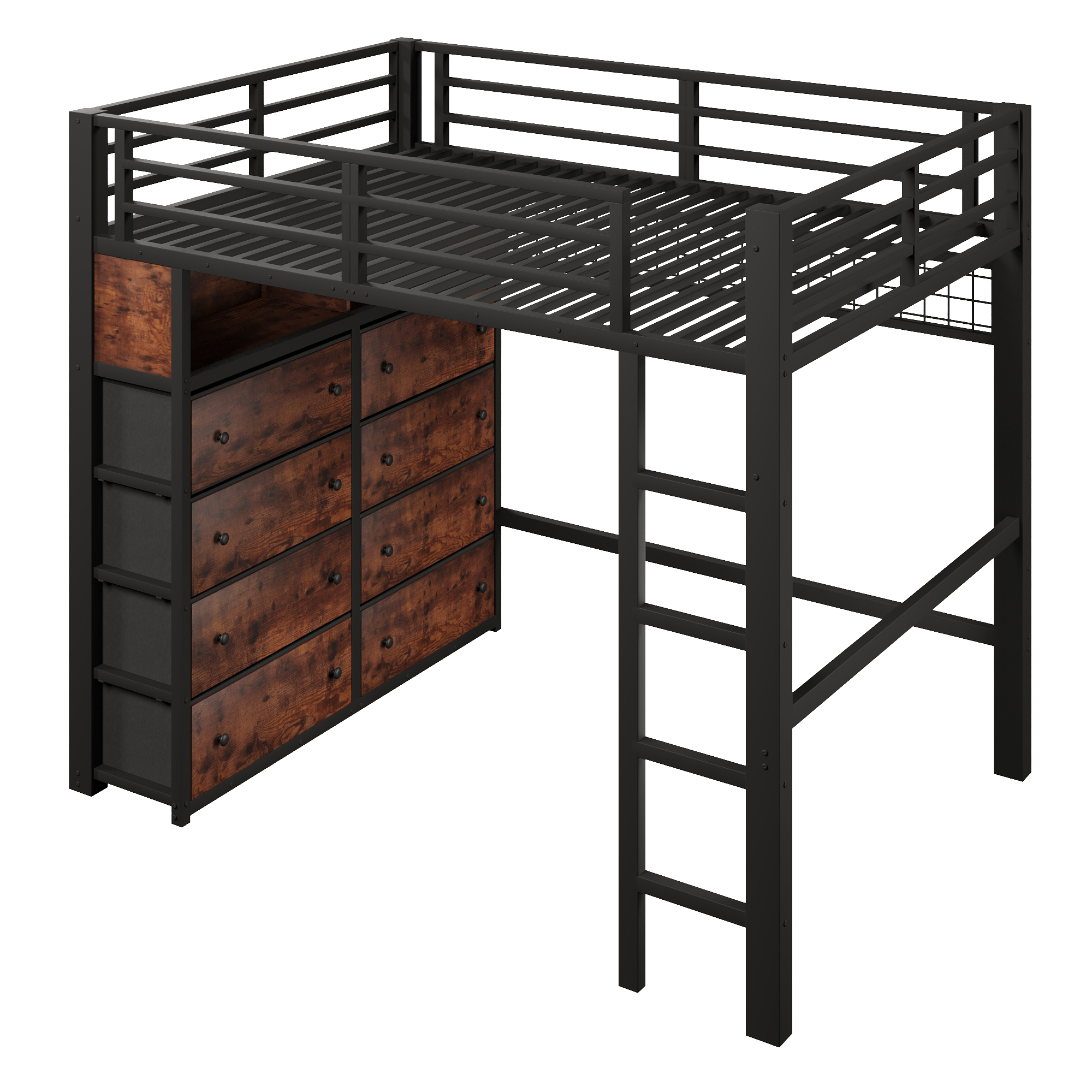 Hochbett 140x200 cm turva-aidoin, LED-valaistuksella ja 8 laatikolla, musta, MDF ja metalli