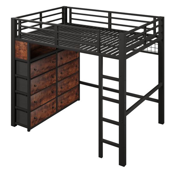 Hochbett 140x200 cm turva-aidoin, LED-valaistuksella ja 8 laatikolla, musta, MDF ja metalli