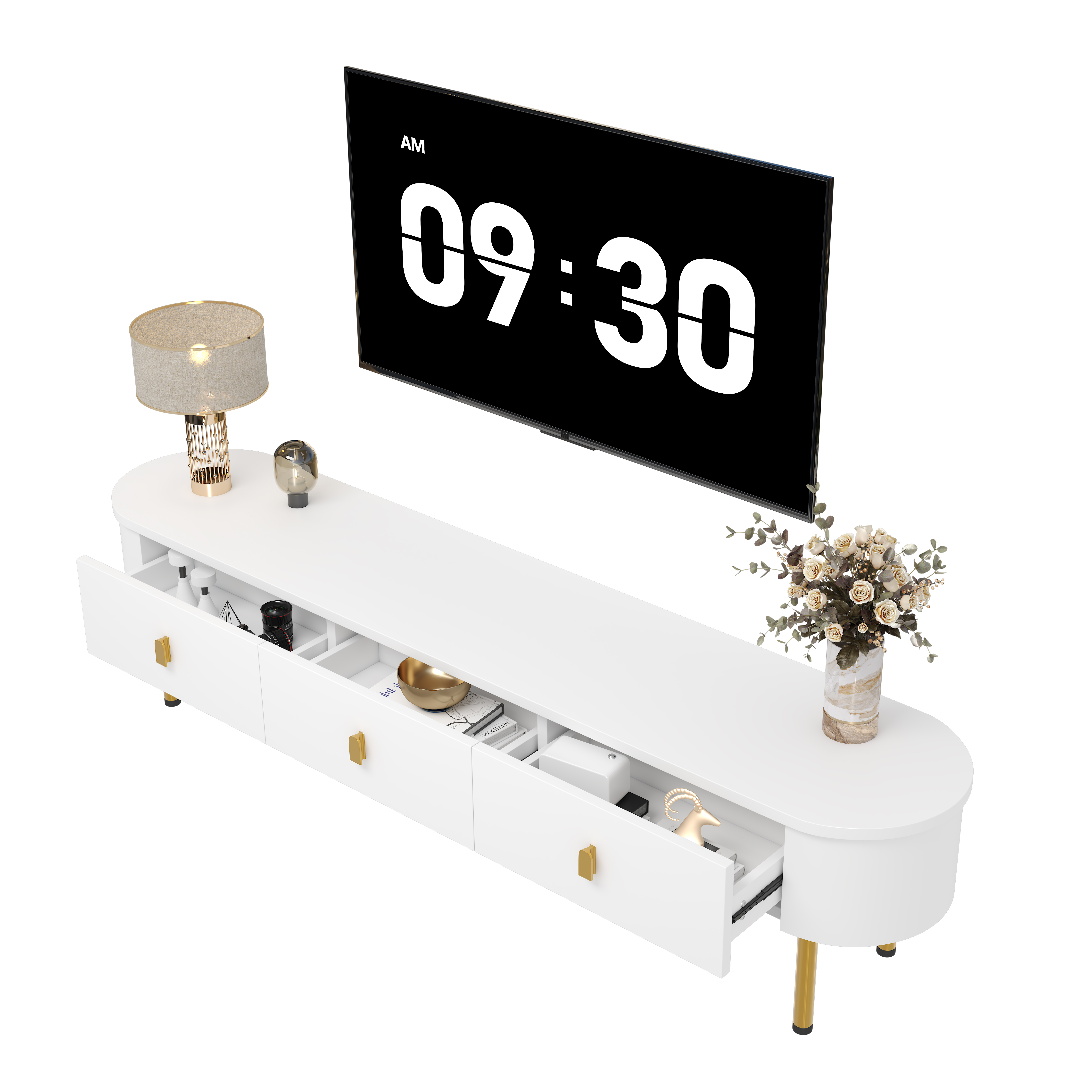 TV-taso 174x35x41 cm valkoinen MDF säilytyksellä ja kaarevilla kulmilla