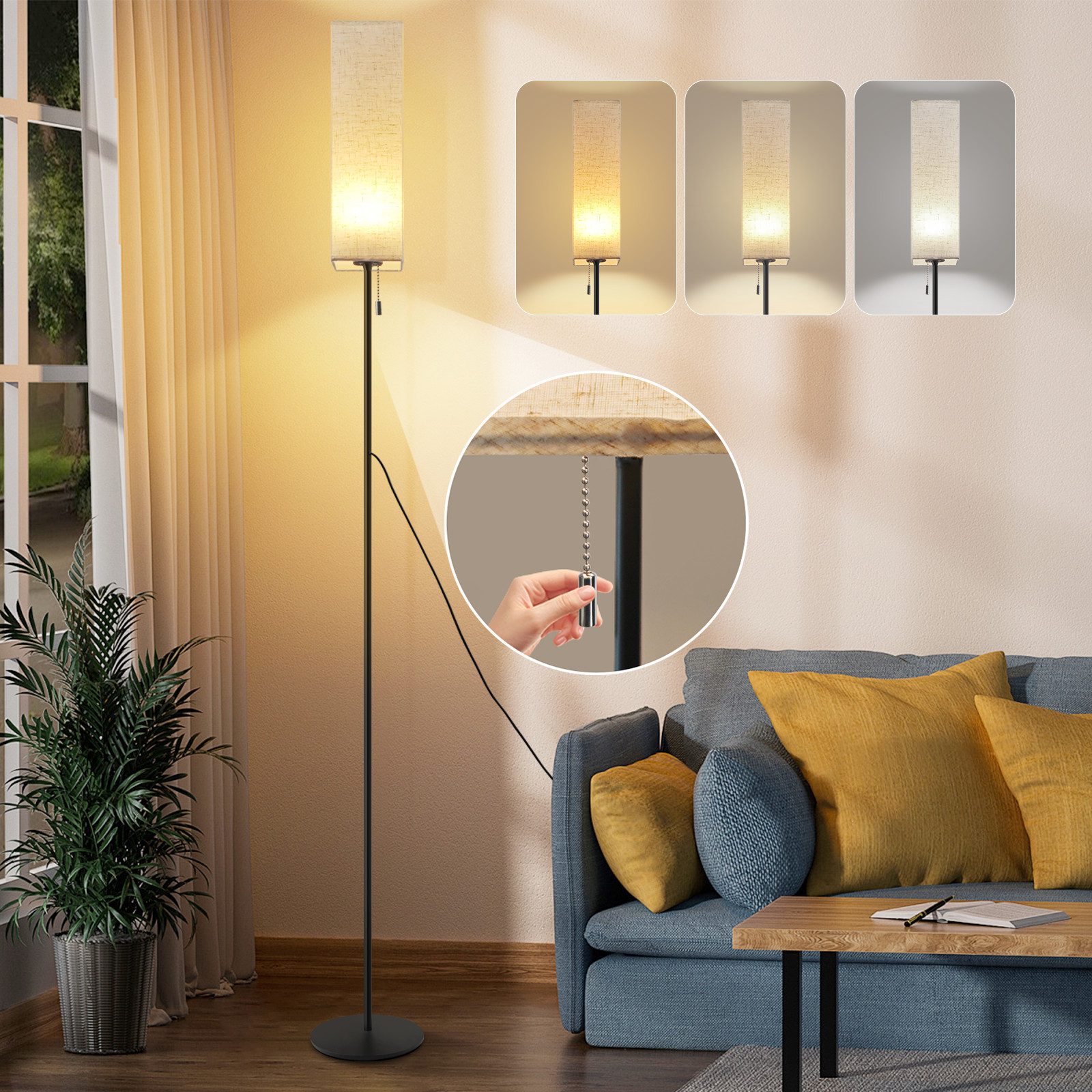 NETTLIFE Himmennettävä LED - lattiavalaisin Retro Kangasvarjostin Olohuoneeseen Vetokytkimellä