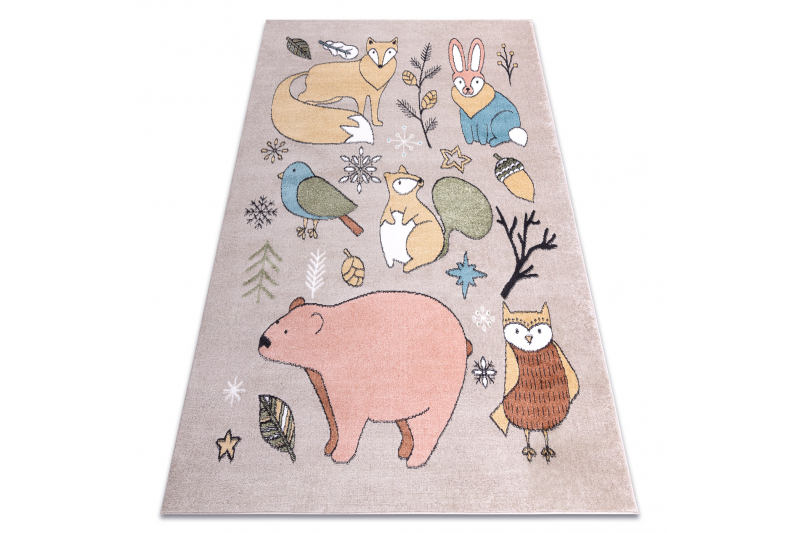 Matto FUN Forester lapsille, eläimet, metsä beige 140x190 cm