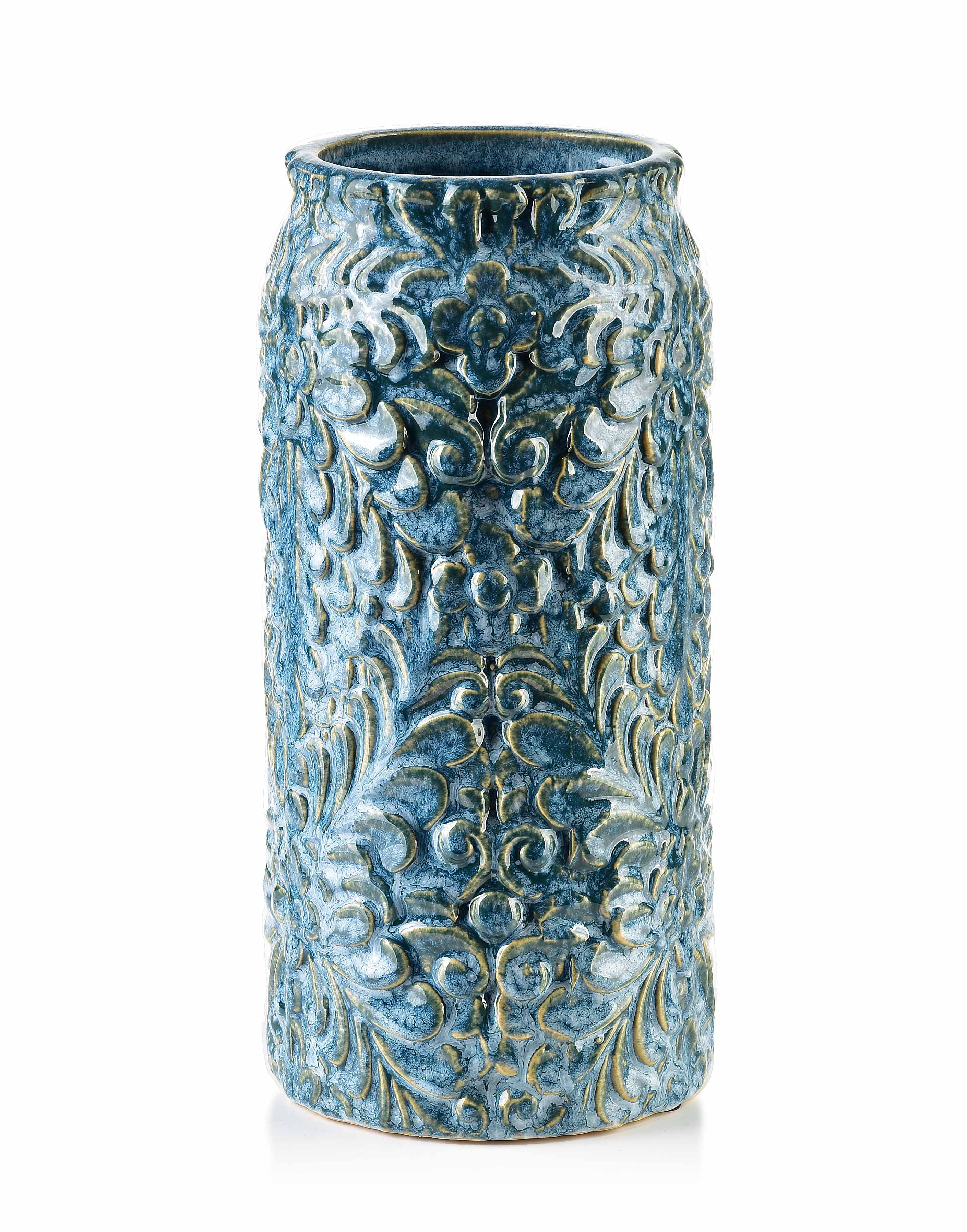 MONDEX keramiikkamaljakko, sininen, käsin koristeltu, 10,5 x 26 cm