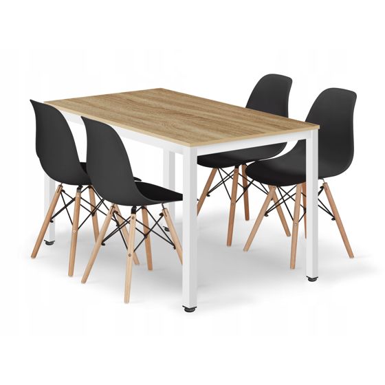 TESSA suorakulmainen pöytä 120x60 tammi, 4 OSAKA-tuolia musta