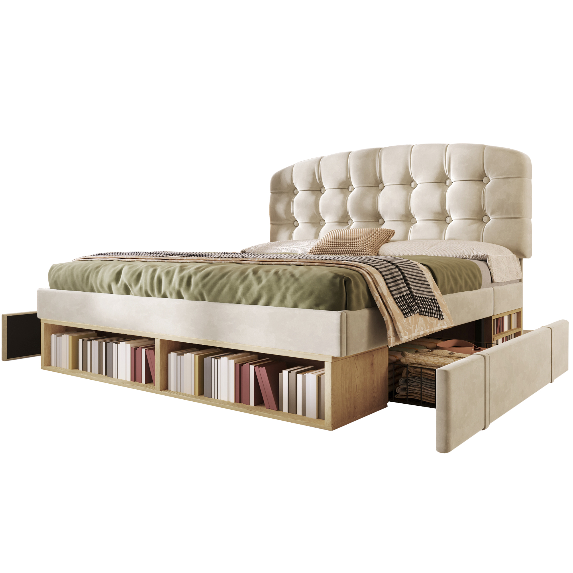 sänky 140x190 cm säädettävä käyräpääty sametti beige puu ja metalli